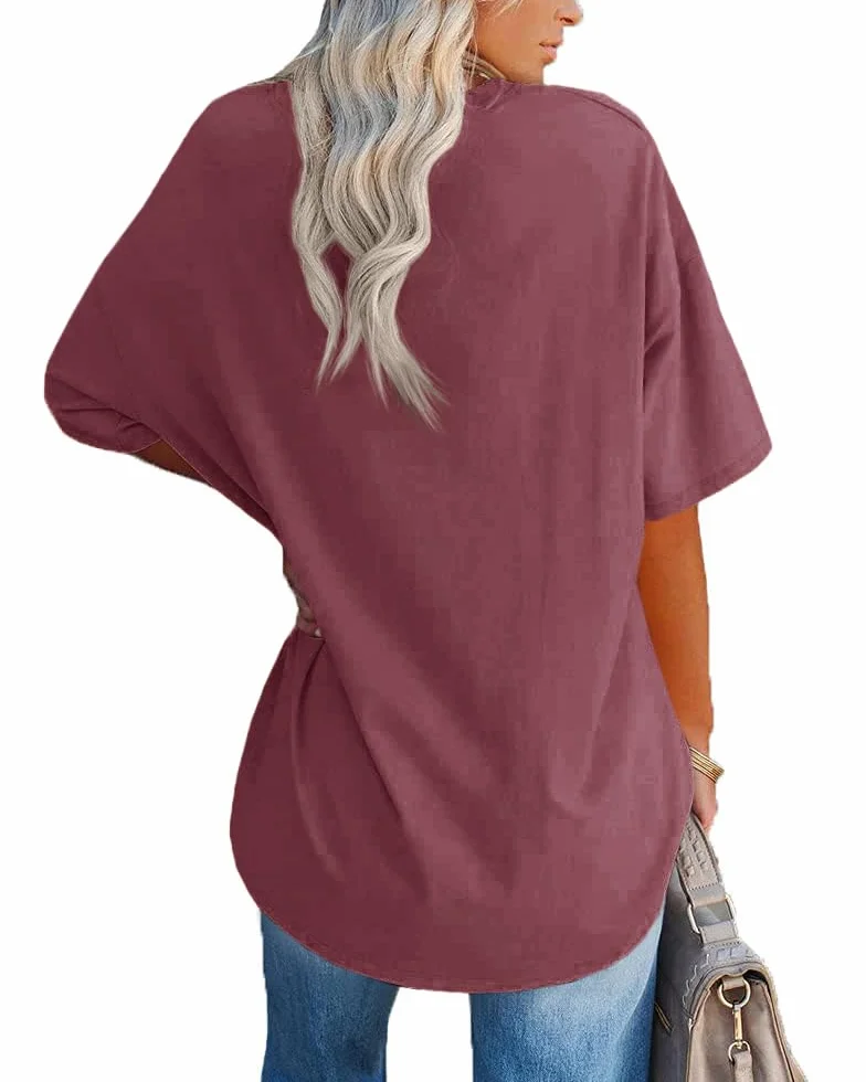 Damskie koszulki oversize z krótkim rękawem dekolt w serek podstawowe jednokolorowe bawełniane t-shirty.