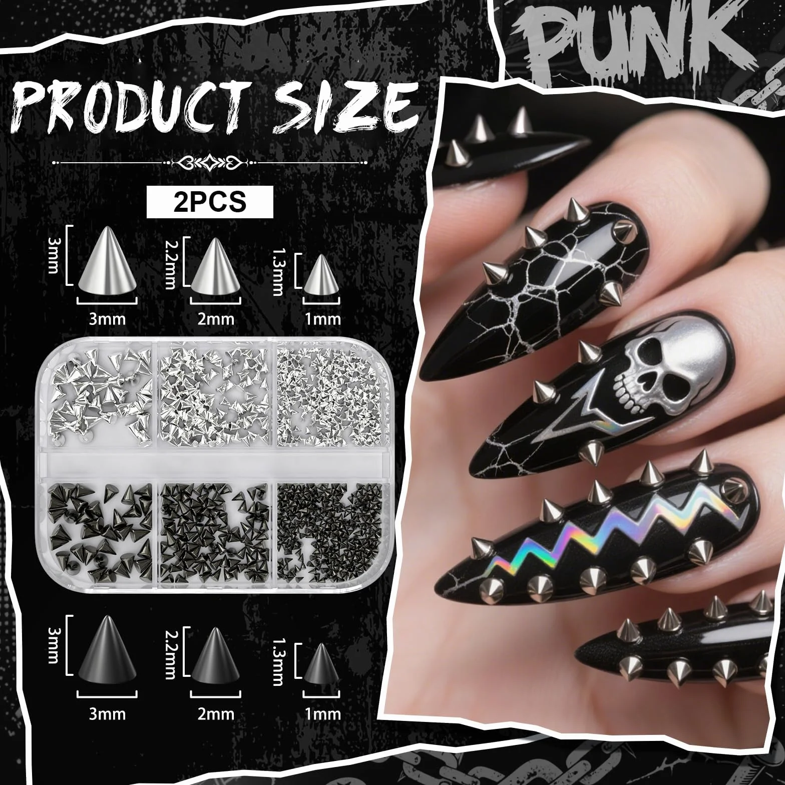 12 pudełek gotyckich zawieszek do paznokci, mini kolce do paznokci, punkowe ćwieki, styl wiktoriański i Halloween, manicure, dekoracje do paznokci, płaskie, metaliczne kolce 3D