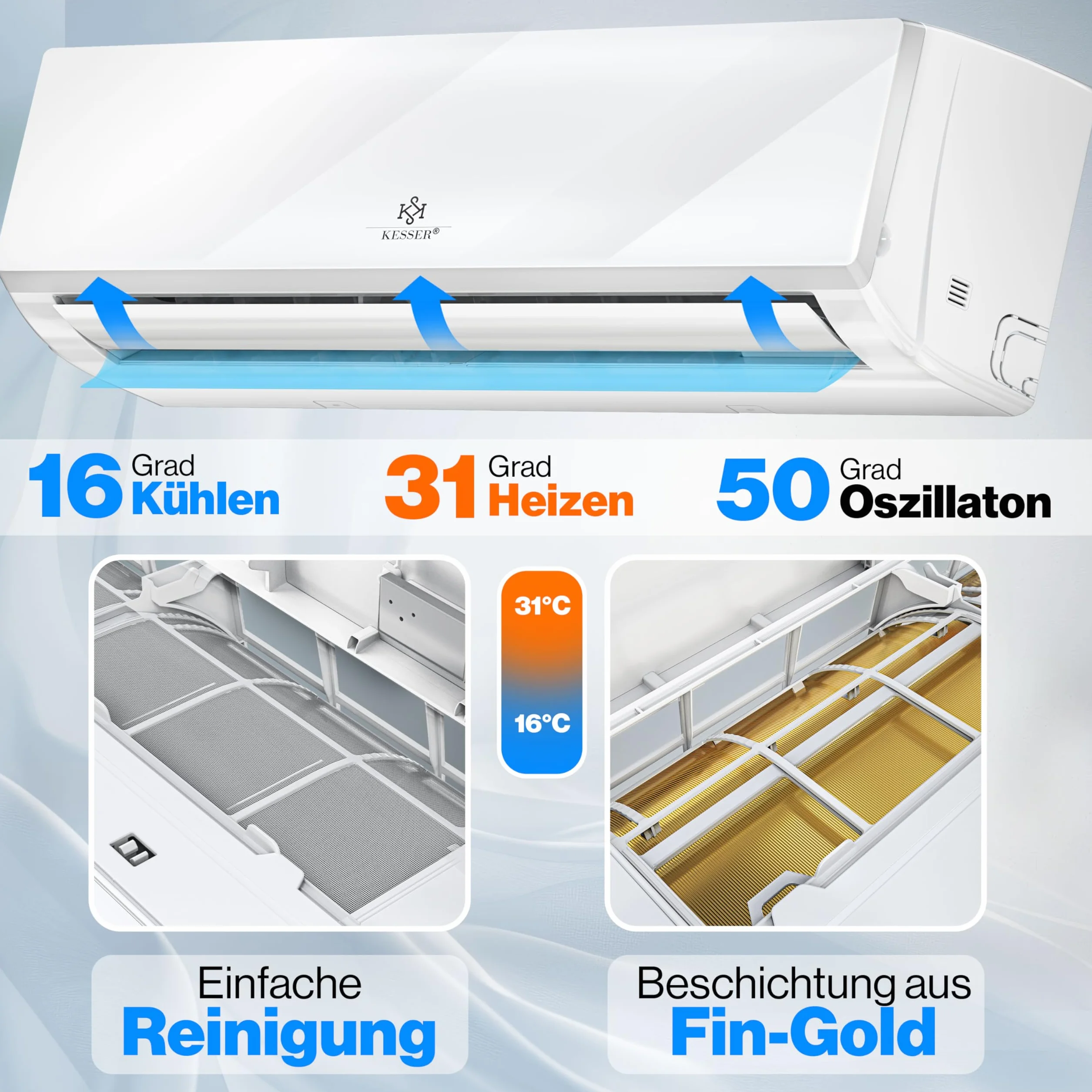 KESSER Zestaw klimatyzacji Split – z funkcją WiFi / aplikacji – chłodzenie A++/ ogrzewanie A+ – 9000 BTU/h (2600 W), bardzo cichy, czynnik chłodniczy R32 – pilot zdalnego sterowania, funkcja timera