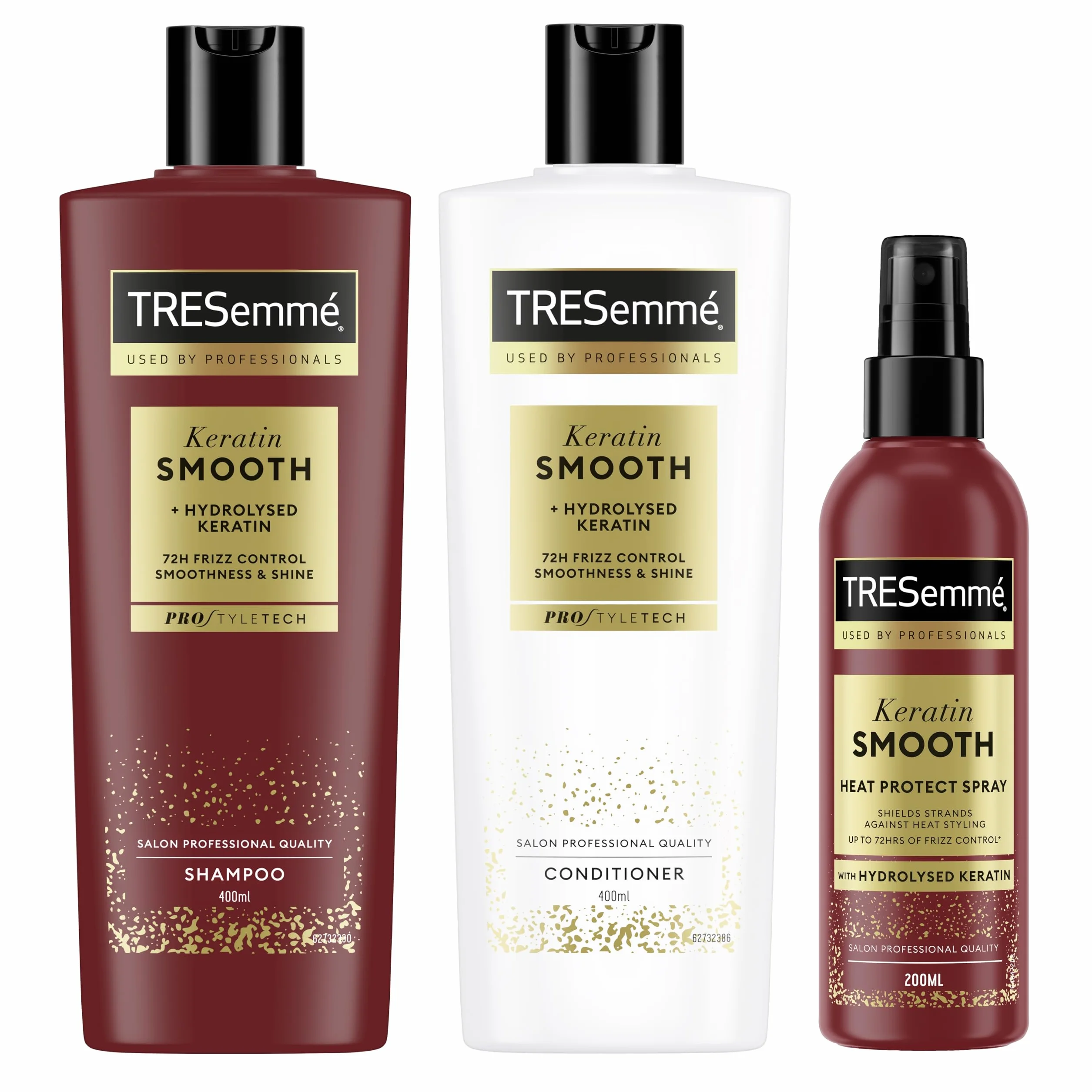 TRESemmé Szampon, Odżywka i Spray termoochronny Keratin Smooth zestaw kosmetyków do pielęgnacji włosów chroniący przed wilgocią z hydrolizowaną keratyną 400 ml + 400 ml + 200 ml 3
