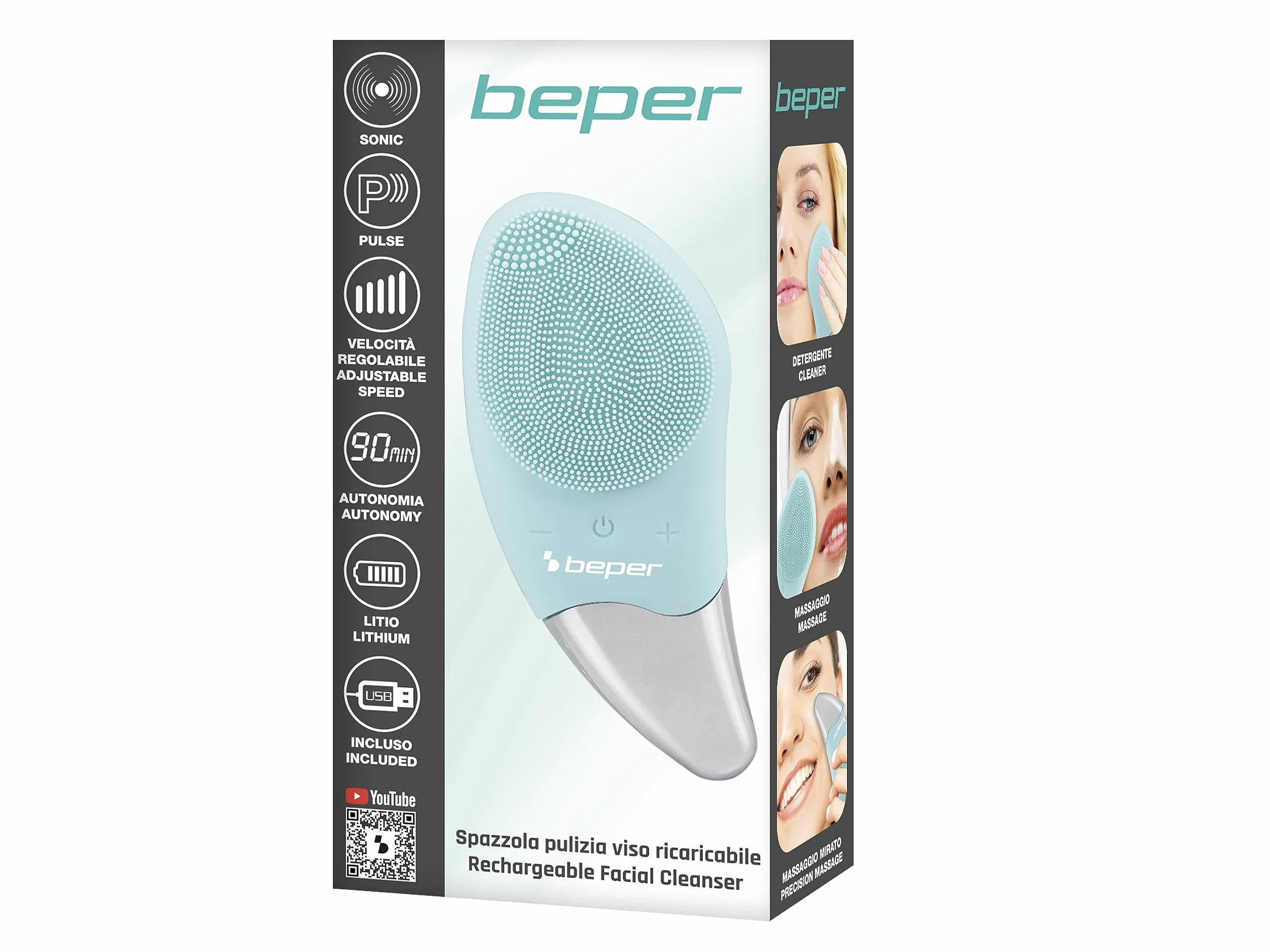 BEPER P302VIS002 Szczotka do czyszczenia twarzy, 5W, Silikon, Wodoodporny, Technologia dźwiękowa, Akumulator przez kabel USB, Bateria, Idealny do wszystkich rodzajów skóry, Niebieski