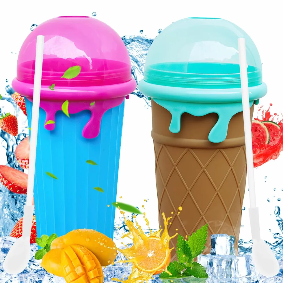 LUFEIS Slushy Maker Cup, 2 szt. 500 ml Frozens Squeeze Cup silikonowy kubek z słomą i łyżką 2 w 1, smoothie DIY Homemade Smoothie Cup, wielokrotnego użytku, dwuwarstwowe smoothie
