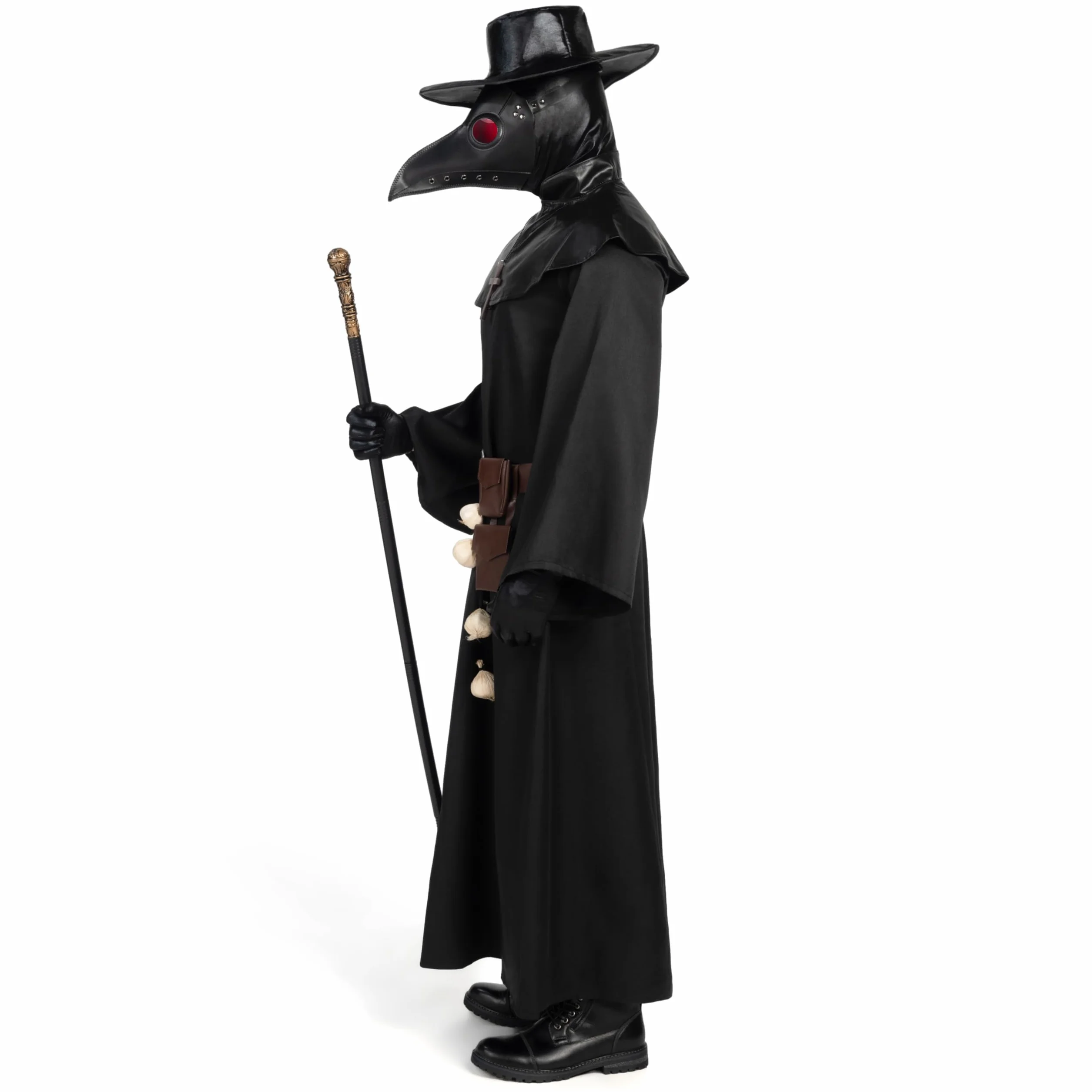 Spooktacular Creations Męski czarny kostium lekarza zarazy z kapeluszem, maską, szalem, szatą, rękawiczkami, paskiem, czosnkiem, berłem