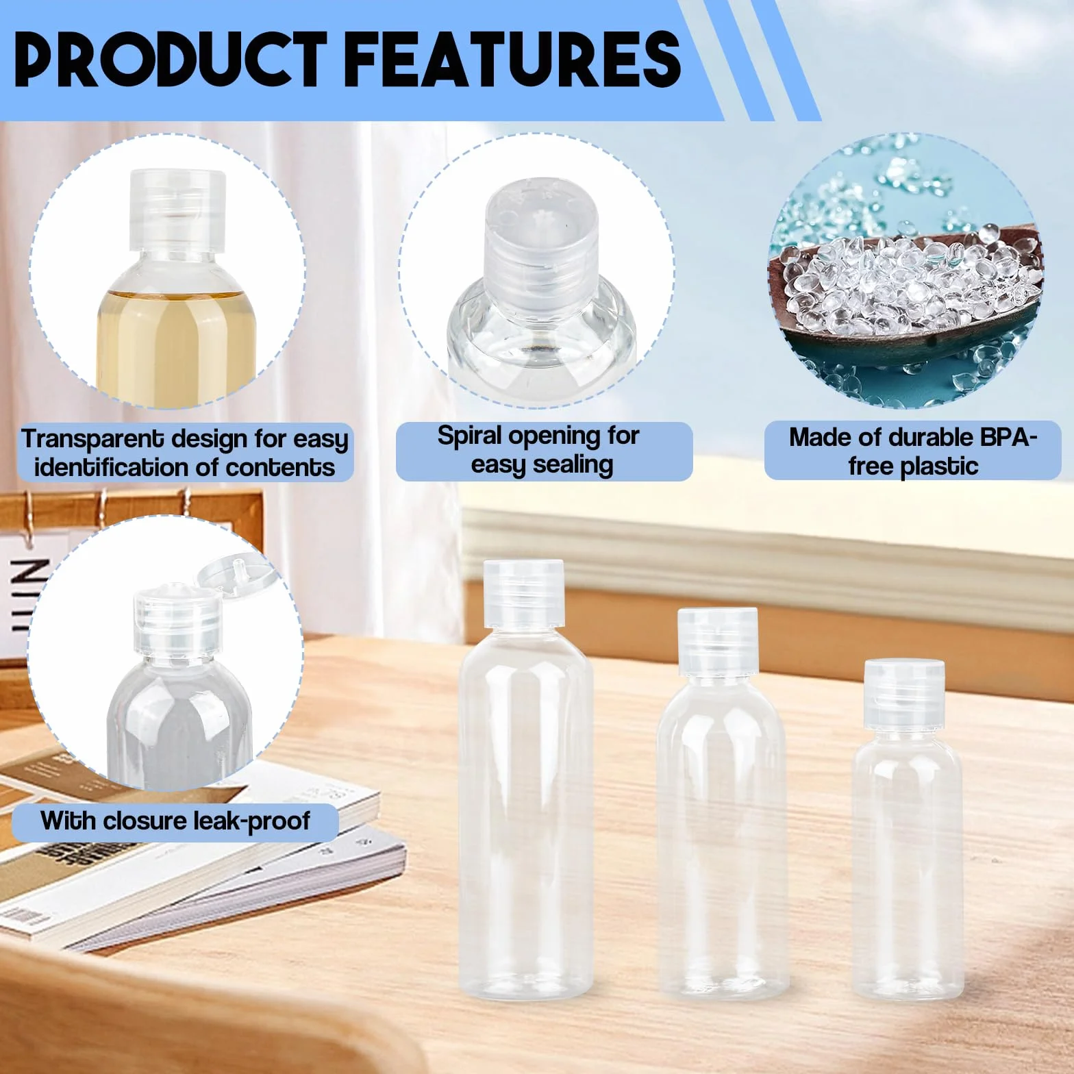 15 sztuk zestaw butelek podróżnych, pojemniki podróżne o pojemności 50 ml, 80 ml, 100 ml, pojemniki podróżne na płyny z 3 lejkami, małe plastikowe butelki do napełnienia na szampon, odżywkę, podróże