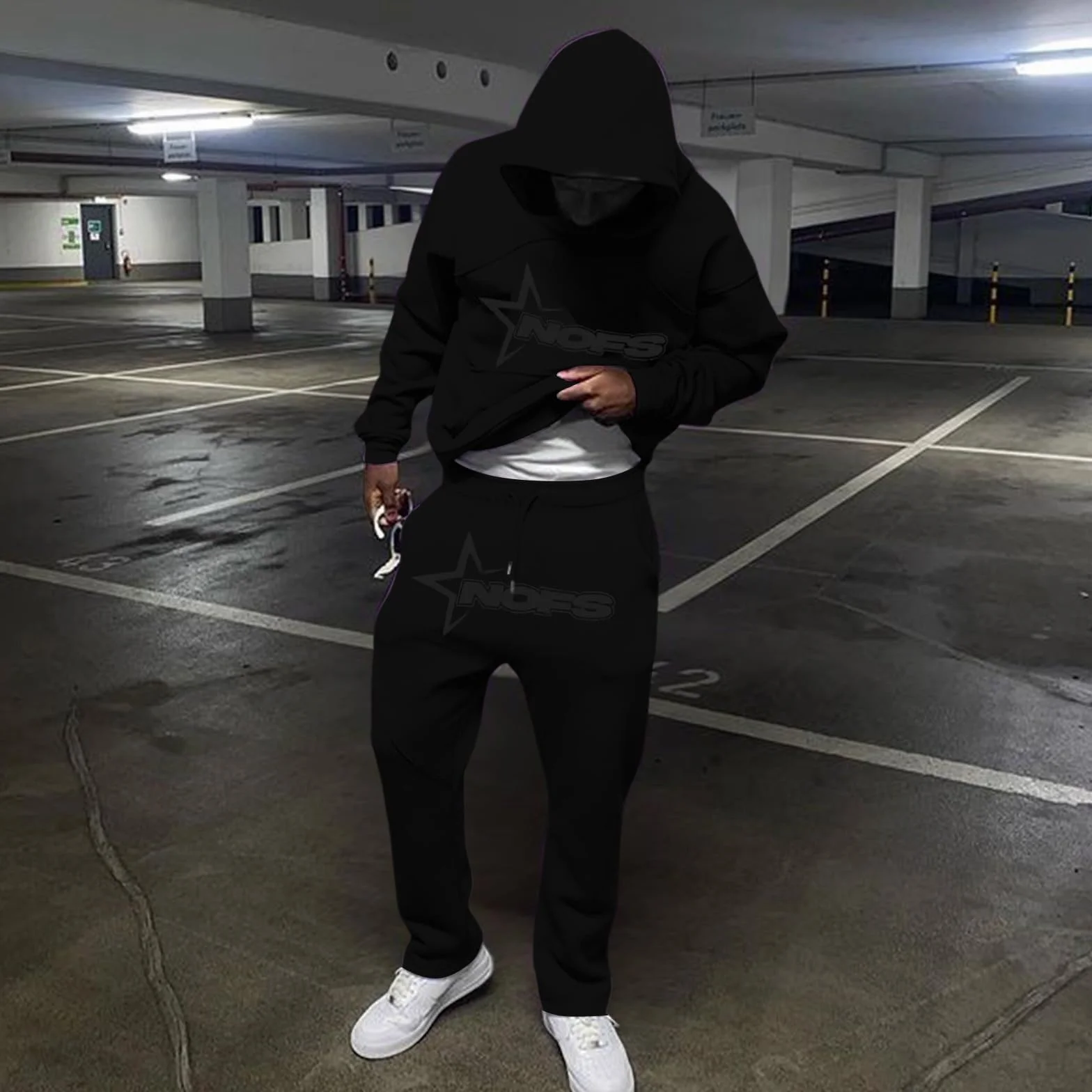 Nofs 2-częściowy męski dres do joggingu, Y2K, bawełniany, bluza sportowa z kapturem Y2K + spodnie Nofs, męski dres sportowy, strój treningowy w stylu Streetwear 2024, S