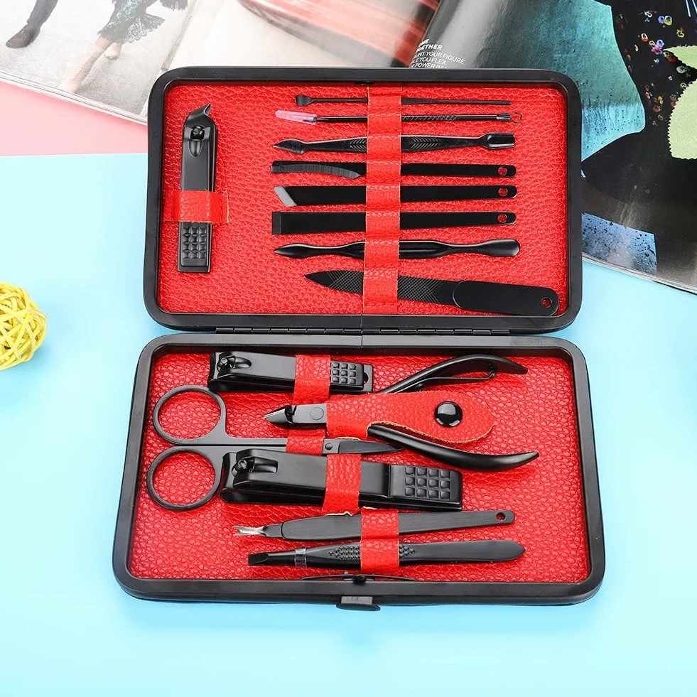 Manicure Pedicure Kit Professional Nail Clippers Set Stainless Steel 15Pcs Black PU Leather Case Red