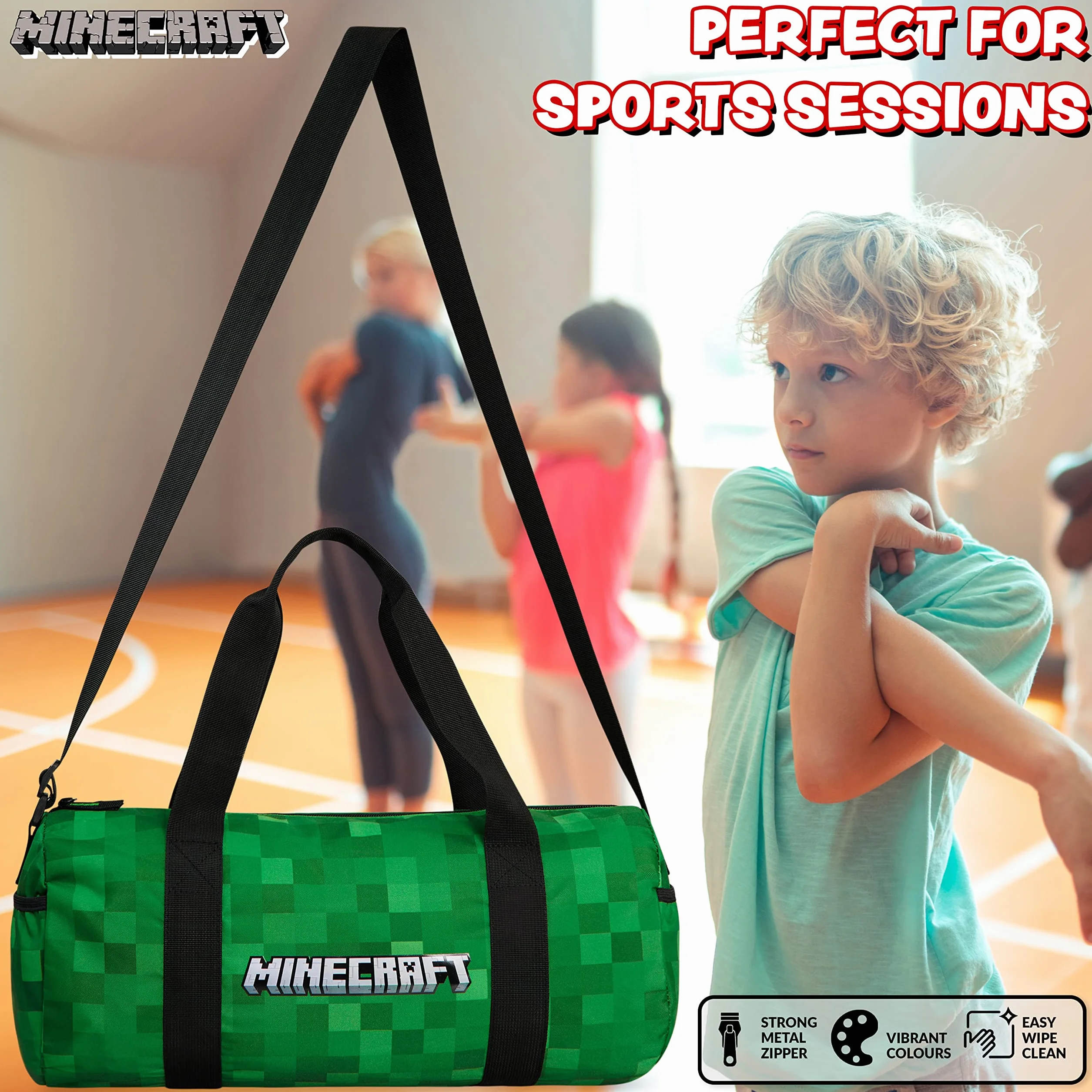 Minecraft Torba sportowa dla dzieci, torba podróżna, dla chłopców, torba sportowa, dla nastolatków, z regulowanym paskiem na ramię, zielony, 41x18x19cm, worek marynarski