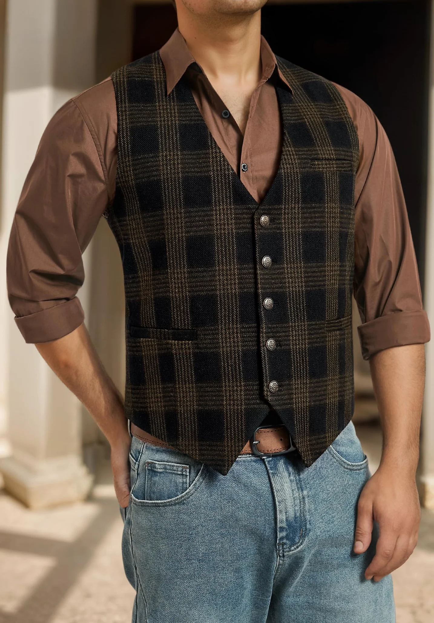 Enlision Męska kamizelka vintage formalna na co dzień gładka kratka płaszcz dla mężczyzn regularny krój tweed ślub biznesowy męski garnitur kamizelka z kieszenią XS-4XL