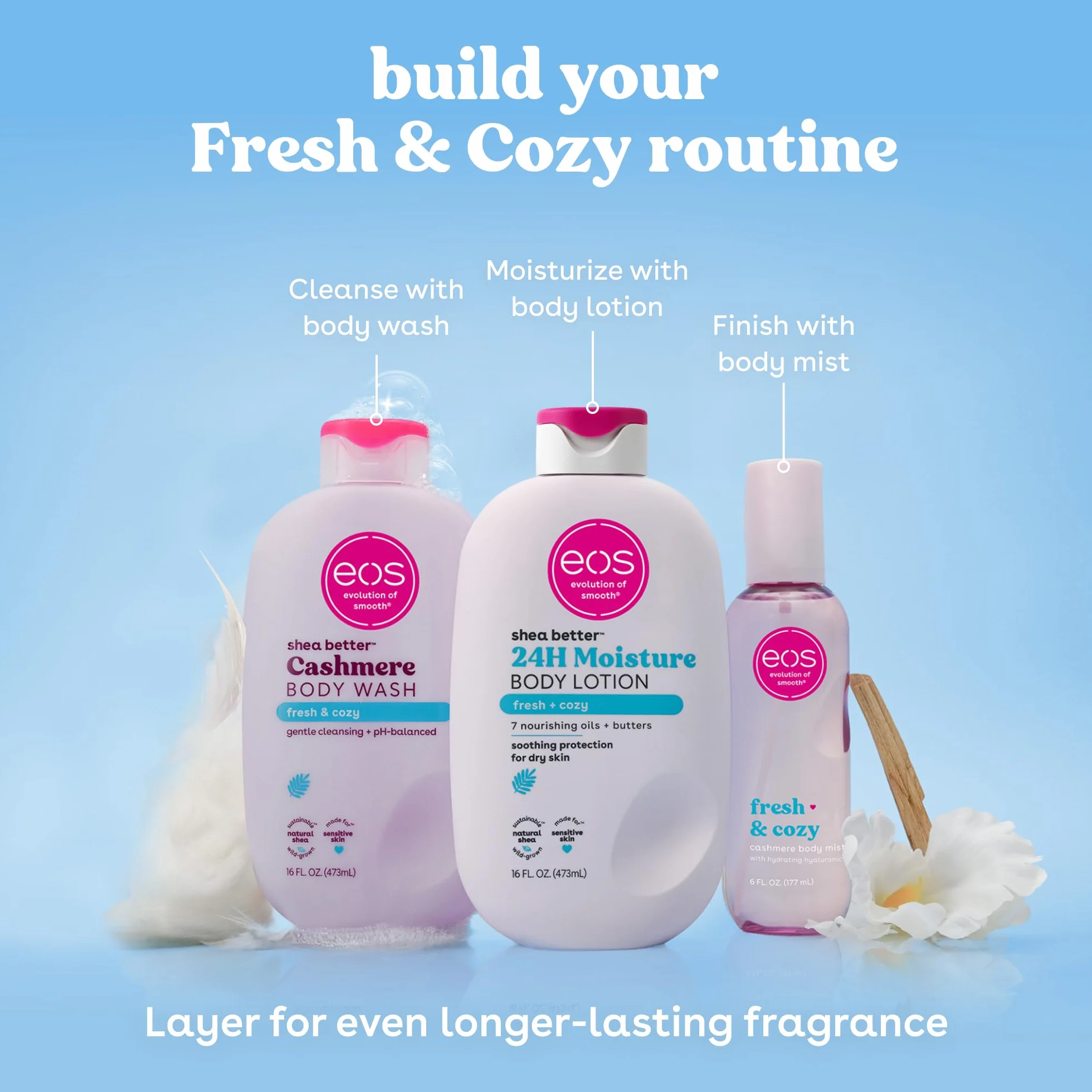 eos Shea Better balsam do ciała - Fresh & Cozy, nawilżający balsam do pielęgnacji skóry 24-godzinnej, lekki i nietłusty, wyprodukowany z naturalnej Shea, wegański, 473 ml