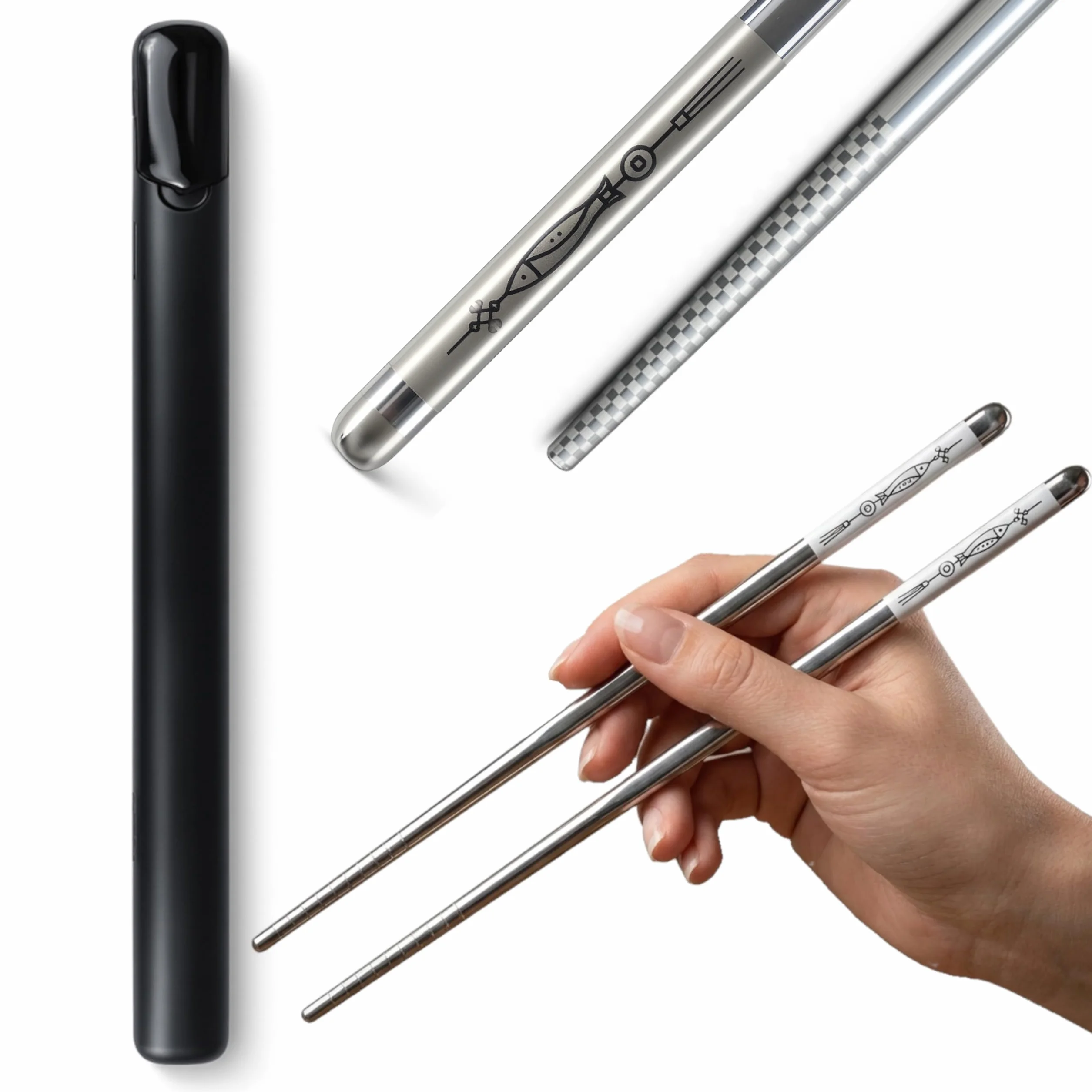 Pałeczki wielokrotnego użytku ze stali nierdzewnej 316L – 1 para 24 cm, nadają się do mycia w zmywarce, metalowe pałeczki do chopstick z etui do sushi i kuchni azjatyckiej