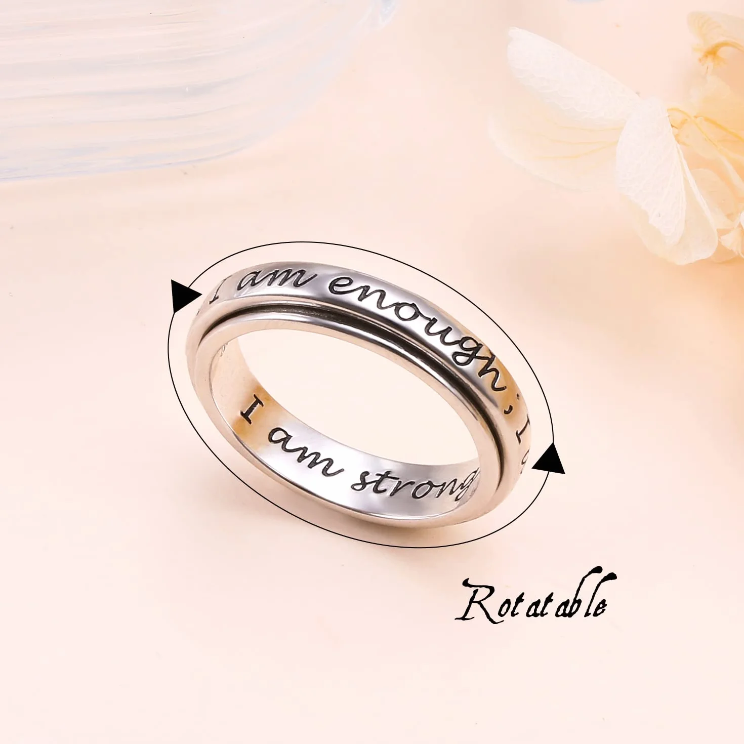 I am Enough Spinner Ring pierścionek ze srebra wysokiej próby 925, antystresowy, antystresowy, ADHD, autyzm