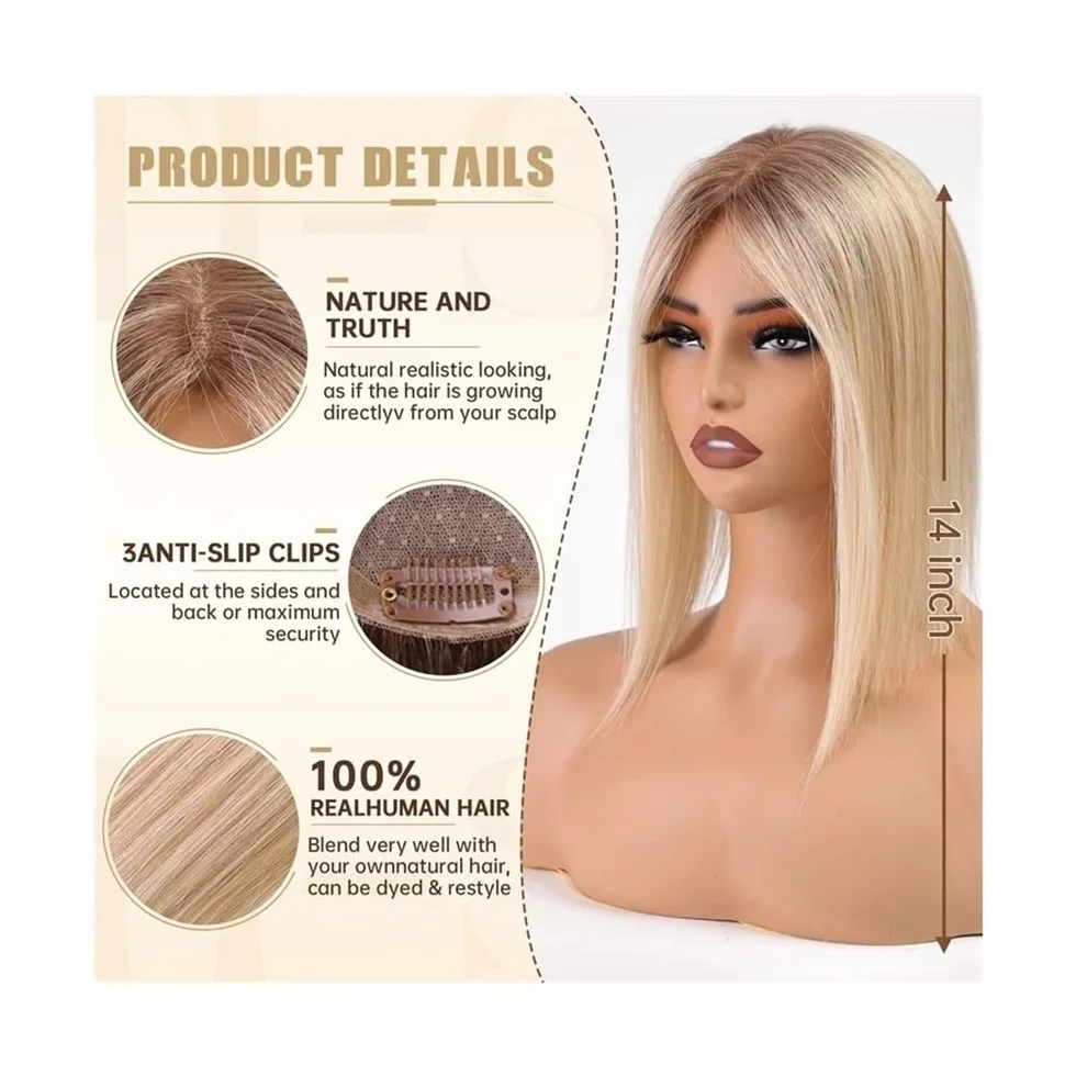 Nakładki z prawdziwych włosów z grzywką szwajcarska koronka 14 cali Ombre Blonde Mix Brown