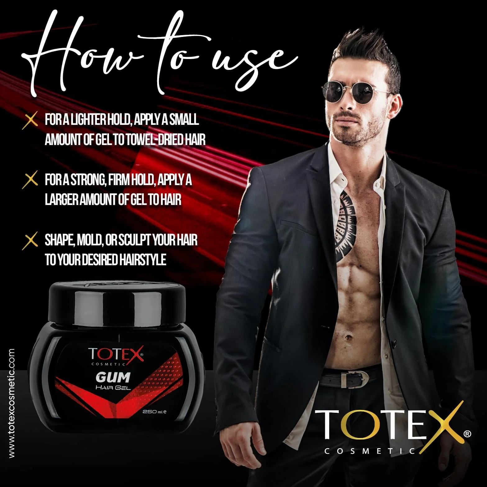 Totex GUM Hair Styling Gel 250 ml I Żel do stylizacji włosów I Żel gumowy I Gummy, bardzo mocne utrwalenie I Mocno czerwony żel