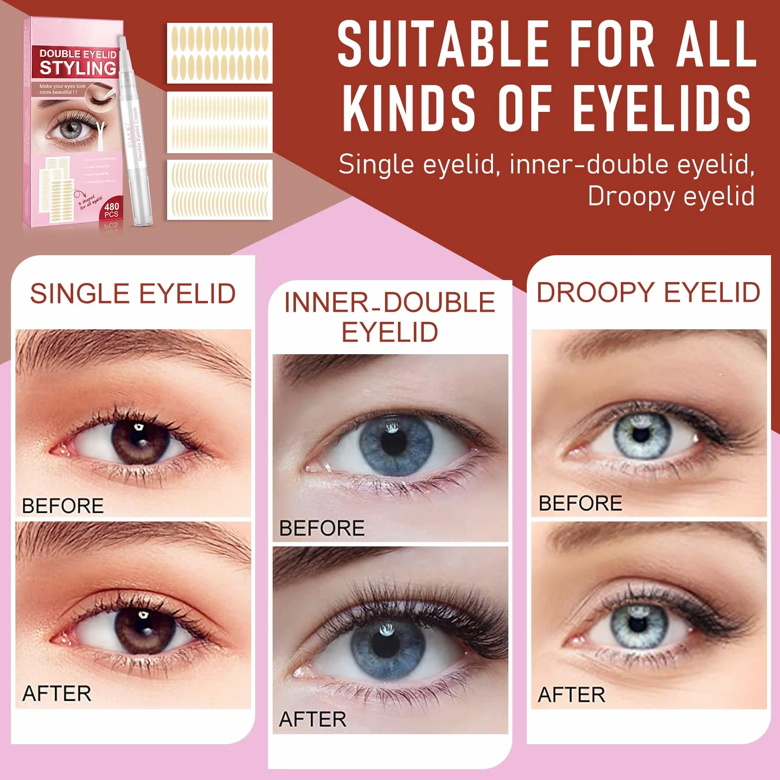 Niewidoczne wstążki powiek,Podwójne naklejki powieki, powieki instant lifting Double Eyelid Tape,Eyelid Styling Cream,480 sztuk