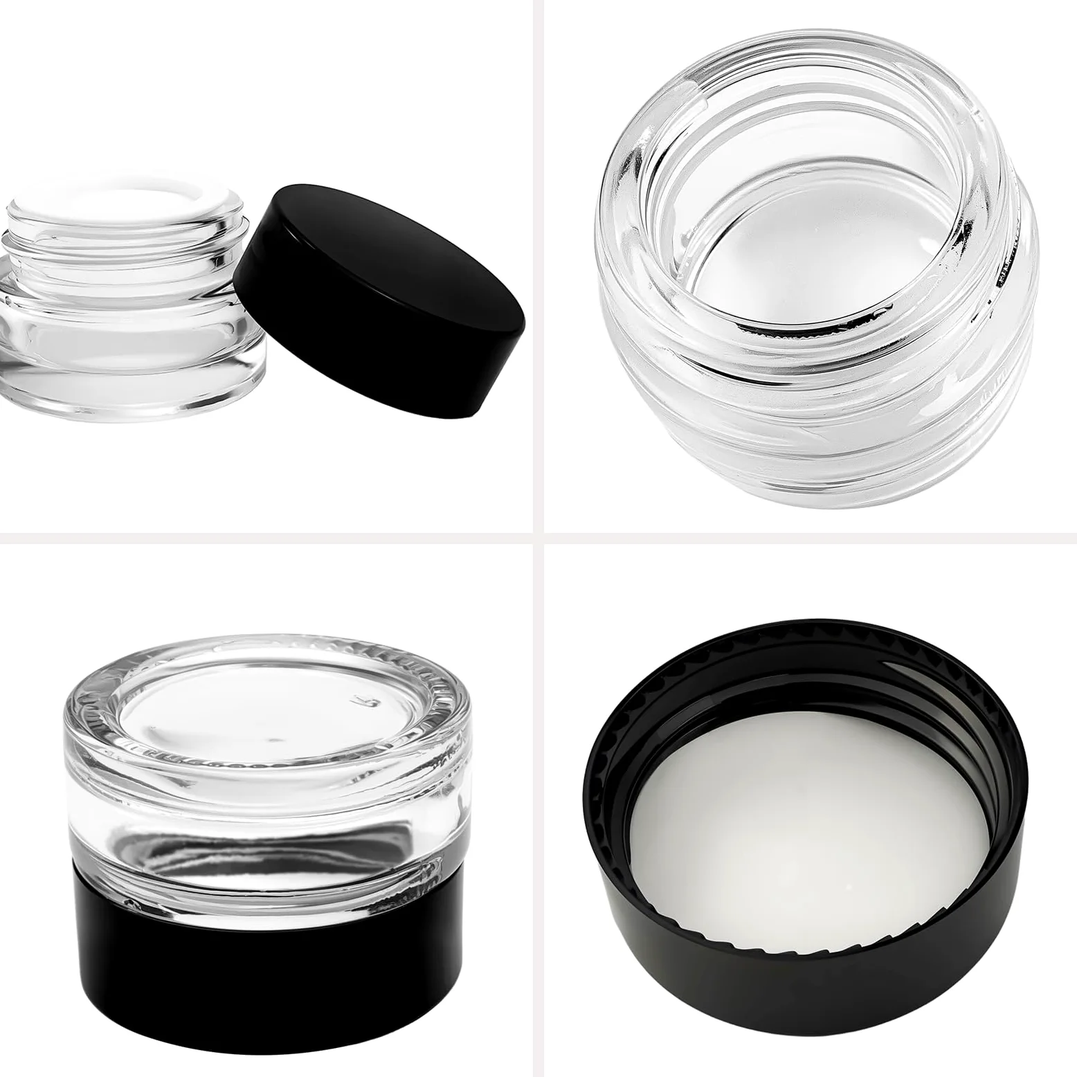 Małe przezroczyste słoiki 5 ml z czarnymi pokrywkami i łyżkami, puste szklane pojemniki na kosmetyki luzem z wkładką, hermetyczna butelka kremowa, na próbki produktów kosmetycznych, podróży