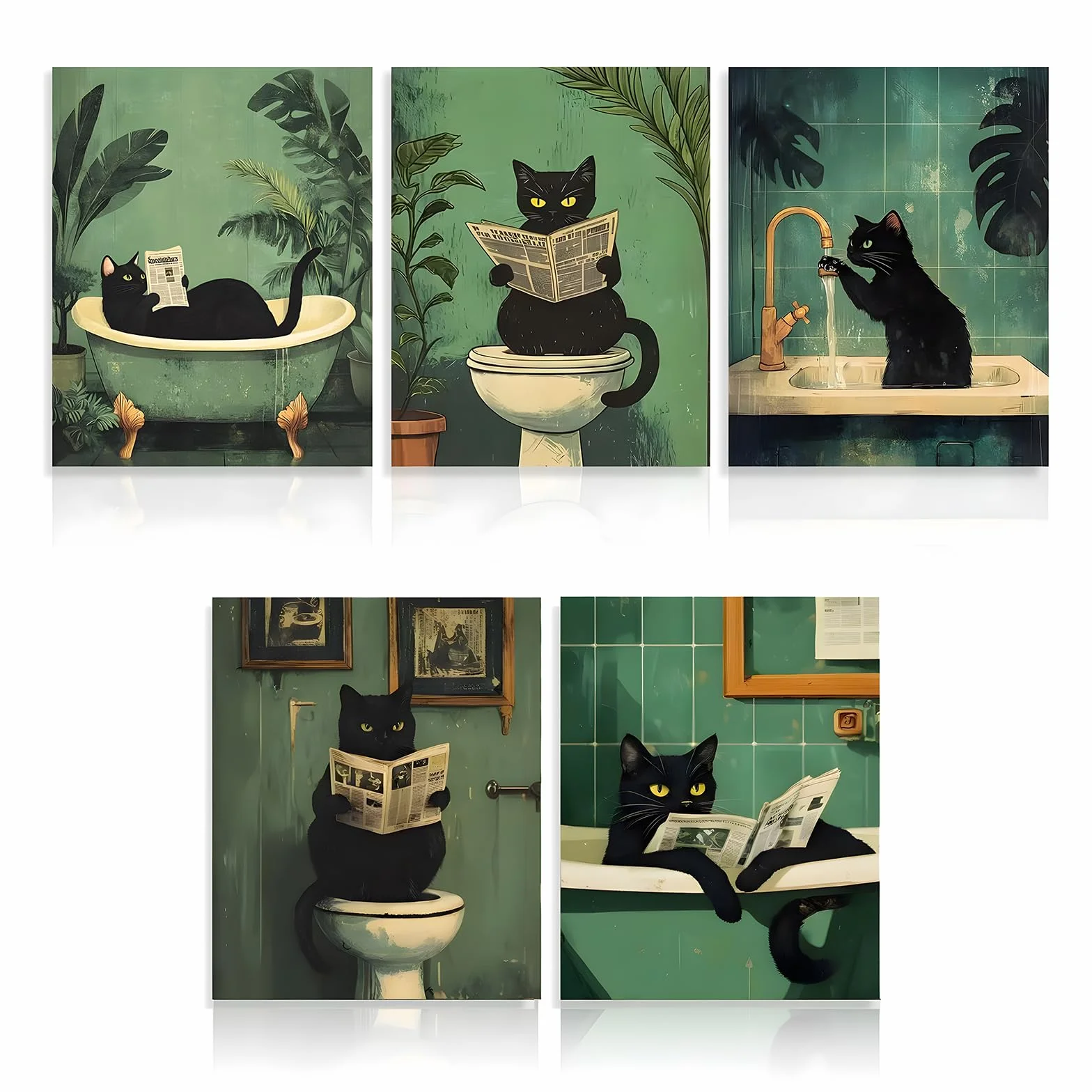 5 szt. czarnych kotów łazienka obraz kot plakat humor obrazy kotów łazienka vintage plakat z kotami 20 x 25 cm, obraz kota na toalecie, wodoszczelny, nadaje się do łazienki, toalety, salonu, sypialni