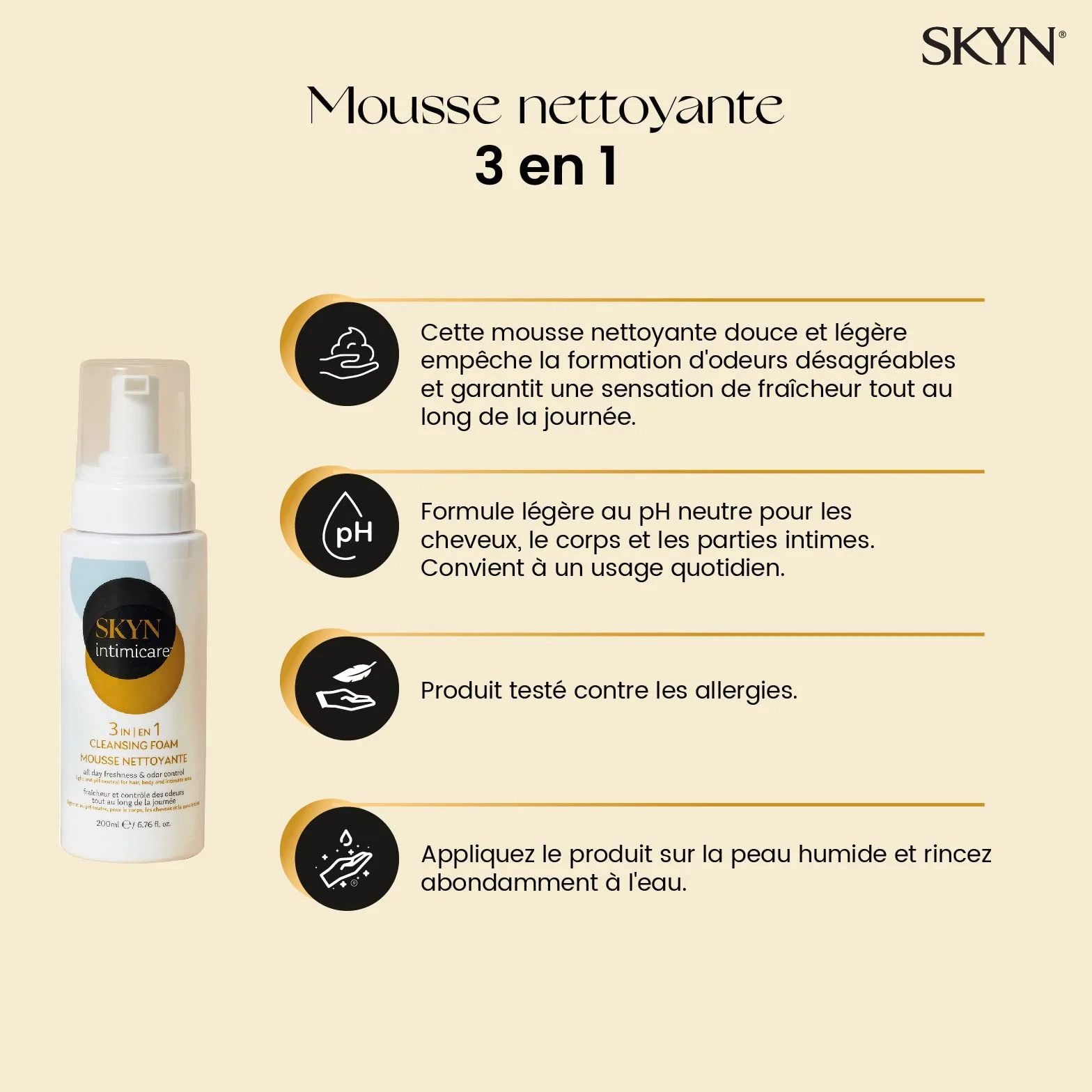 SKYN Intimicare: Pianka oczyszczająca intymna 3 w 1 (200 mL) dla mężczyzn i kobiet do włosów, ciała i okolic intymnych/nawilżenia, kontrola zapachu, pH zrównoważone. Testowana dermatologicznie