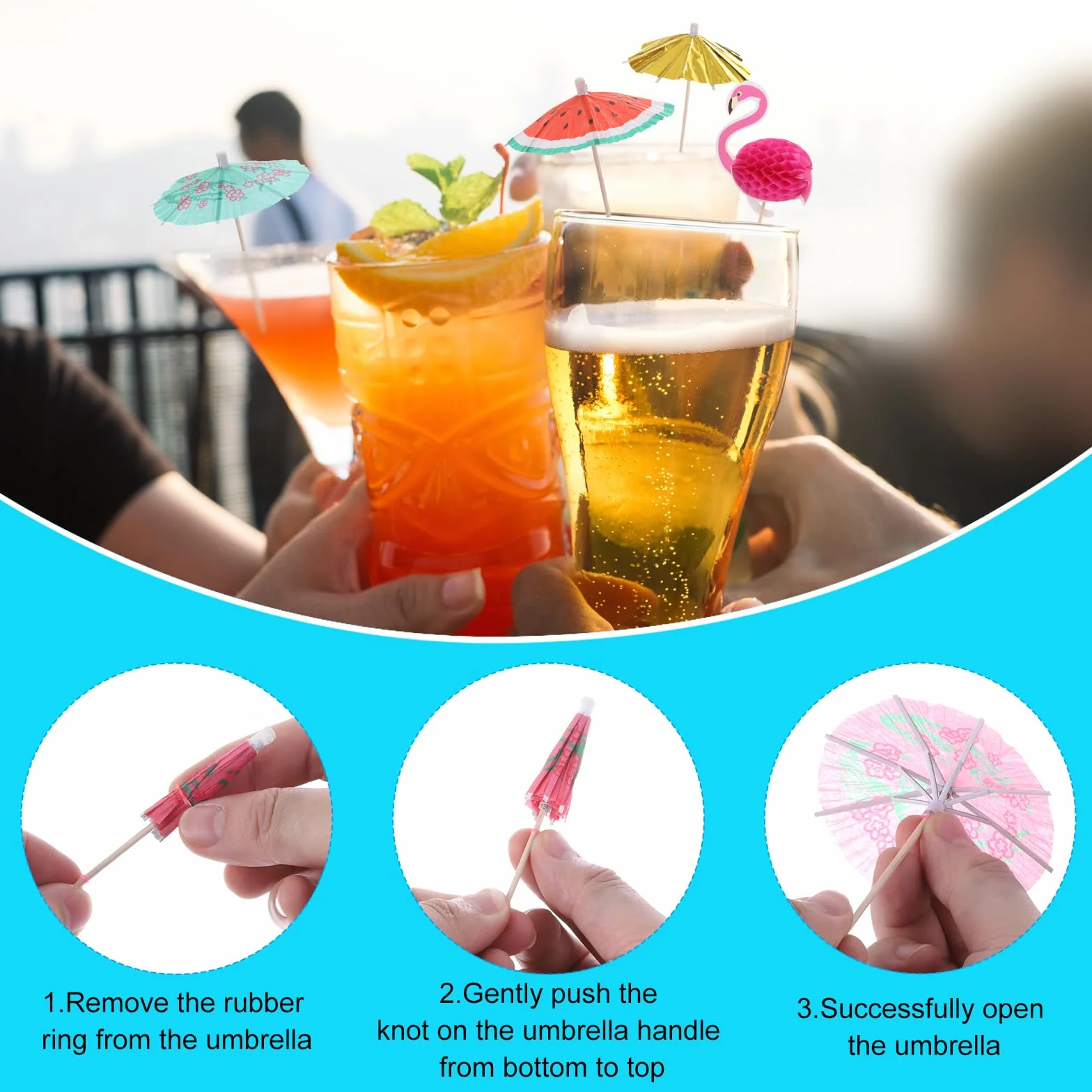 QUARKZMAN 24 sztuki okrągłych parasoli do napojów koktajlowych 99 cm wykałaczki kolorowe mini parasole papierowe do napojów babeczek dekoracji imprez plażowych