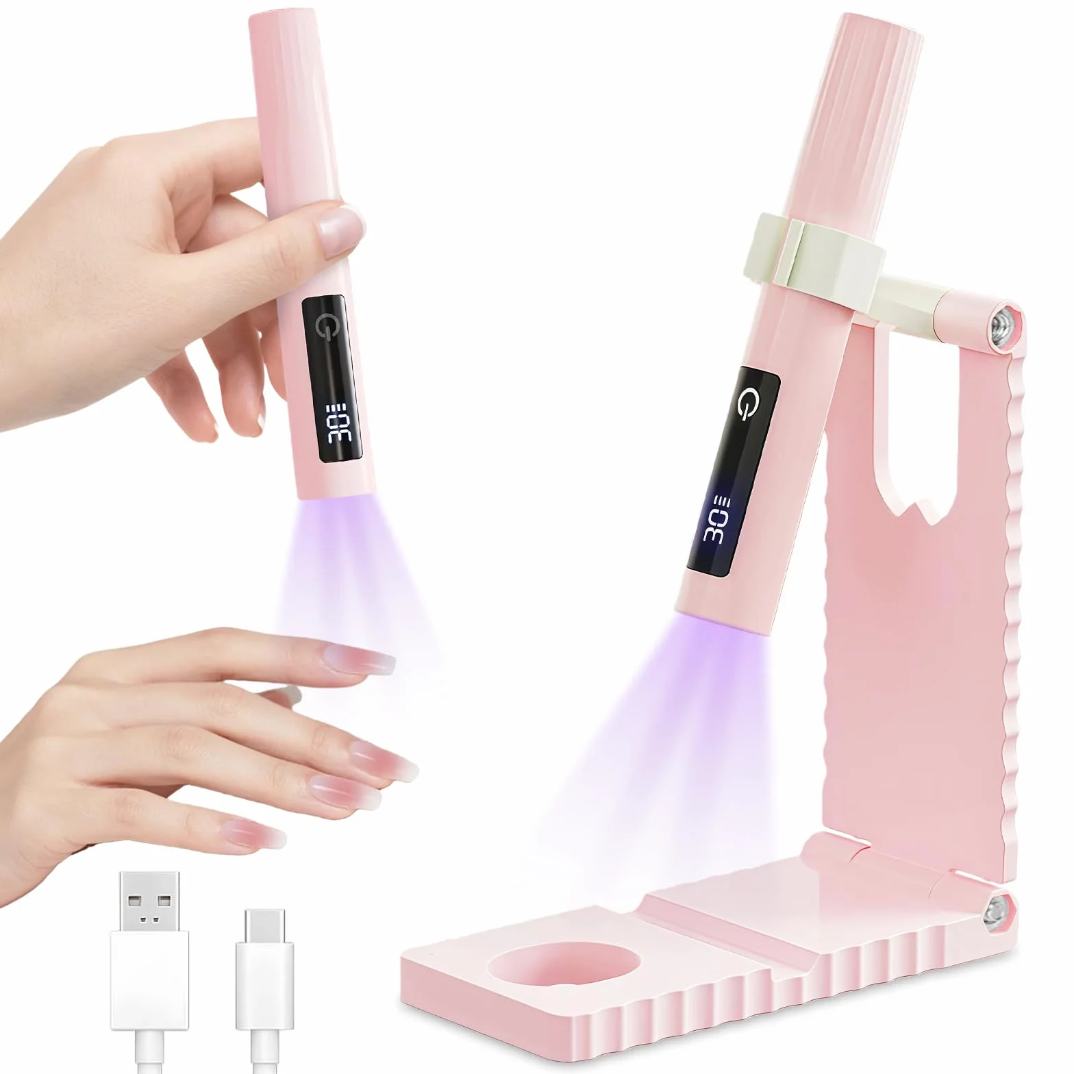 flintronic Mini lampa UV LED do paznokci, przenośna suszarka do paznokci z uchwytem timera 30/60, 3 W półtrwała lampa do paznokci, USB ładowalna, szybkoschnąca do manicure, DIY, domu i salonu-różowy