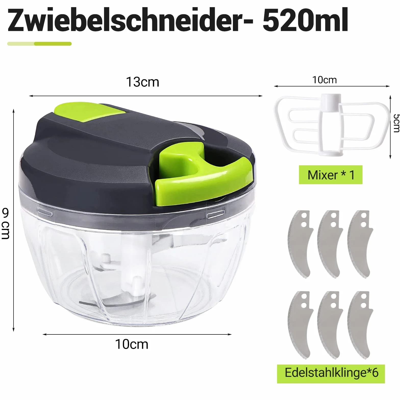 Gucass Ręczna szatkownica do cebuli, 520 ml, ręczna szatkownica z 6 ostrzami i 1 mikserem, krajalnica do warzyw, wielofunkcyjna szatkownica do krojenia cebuli, czosnku, siekacz do cebuli