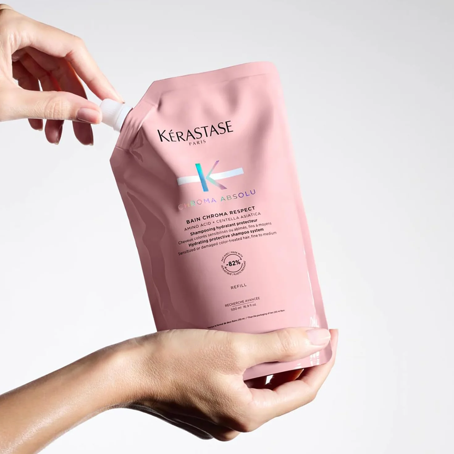 Kérastase Chroma Absolu Bain Chroma Respect, szampon ochronny do włosów farbowanych, pielęgnacja delikatnych i średnio farbowanych włosów, utrzymuje kolor, opakowanie uzupełniające, 500 ml