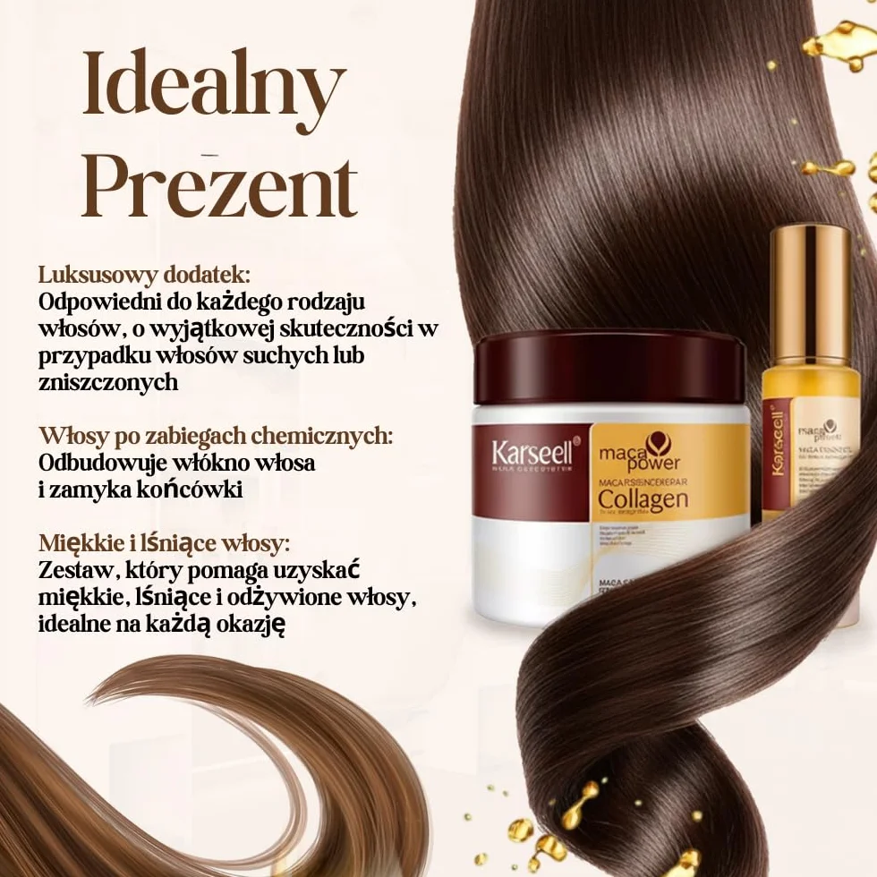 Karseell MACA CARE SYSTEM Maska Kolagenowa Serum Olejek Arganowy Włosy Suche Zniszczone Farbowane Puszące Nawilżenie Blask Regeneracja Wzmocnienie Do Wszystkich Rodzajów Włosów 500ml+50ml
