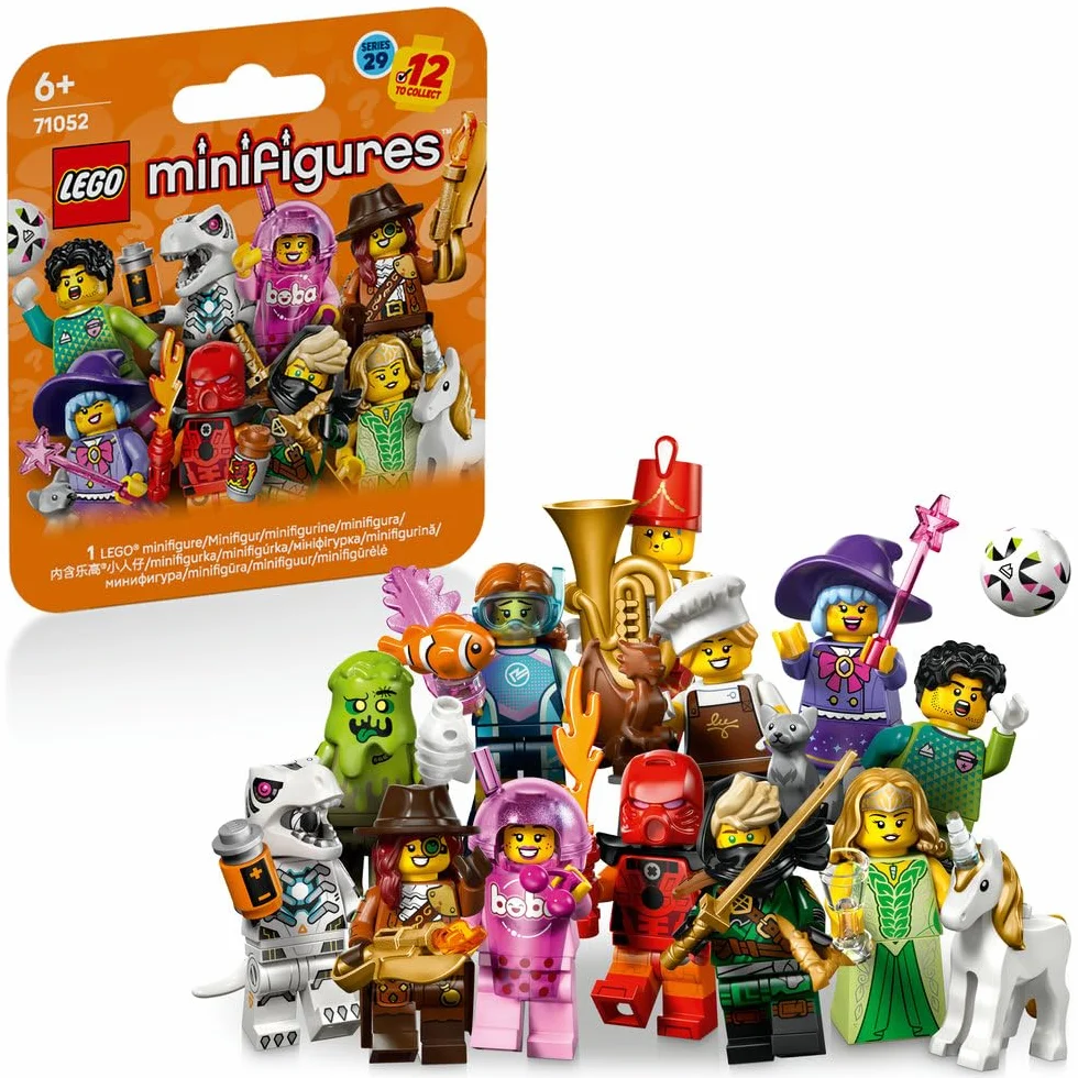 LEGO Minifigures Seria 29, tajemnicze pudełko, kolekcjonerska zabawka, figurki dla dzieci: bramkarz, czarownica, elfka z jednorożcem i nie tylko, 1 z 12 do zebrania, prezent dla 6-latków 71052