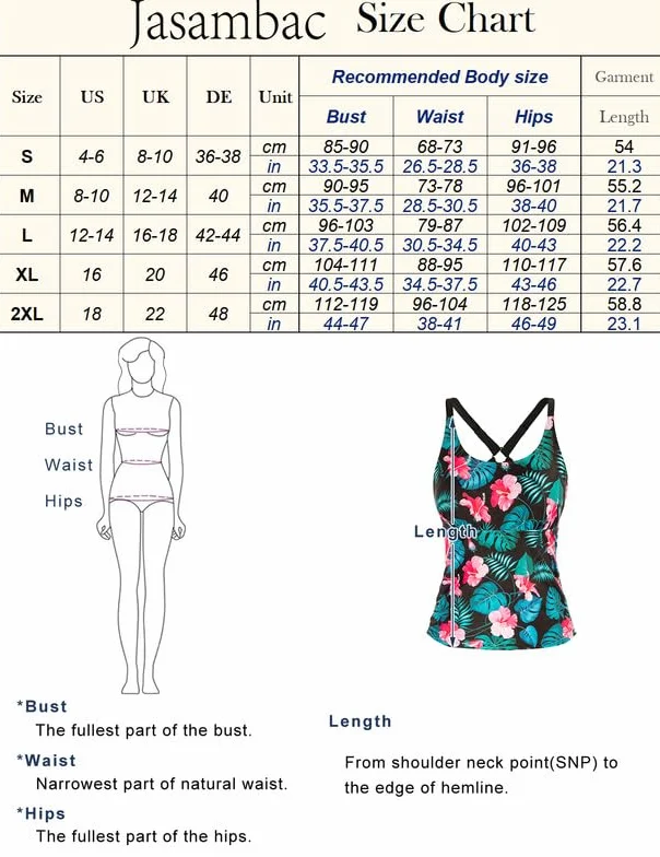 JASAMBAC Tankini damski dwuczęściowy kostium kąpielowy, wyszczuplający brzuch, tankini, górna część i wysoki stan, szorty kąpielowe, z regulowanymi szelkami, sportowy strój plażowy