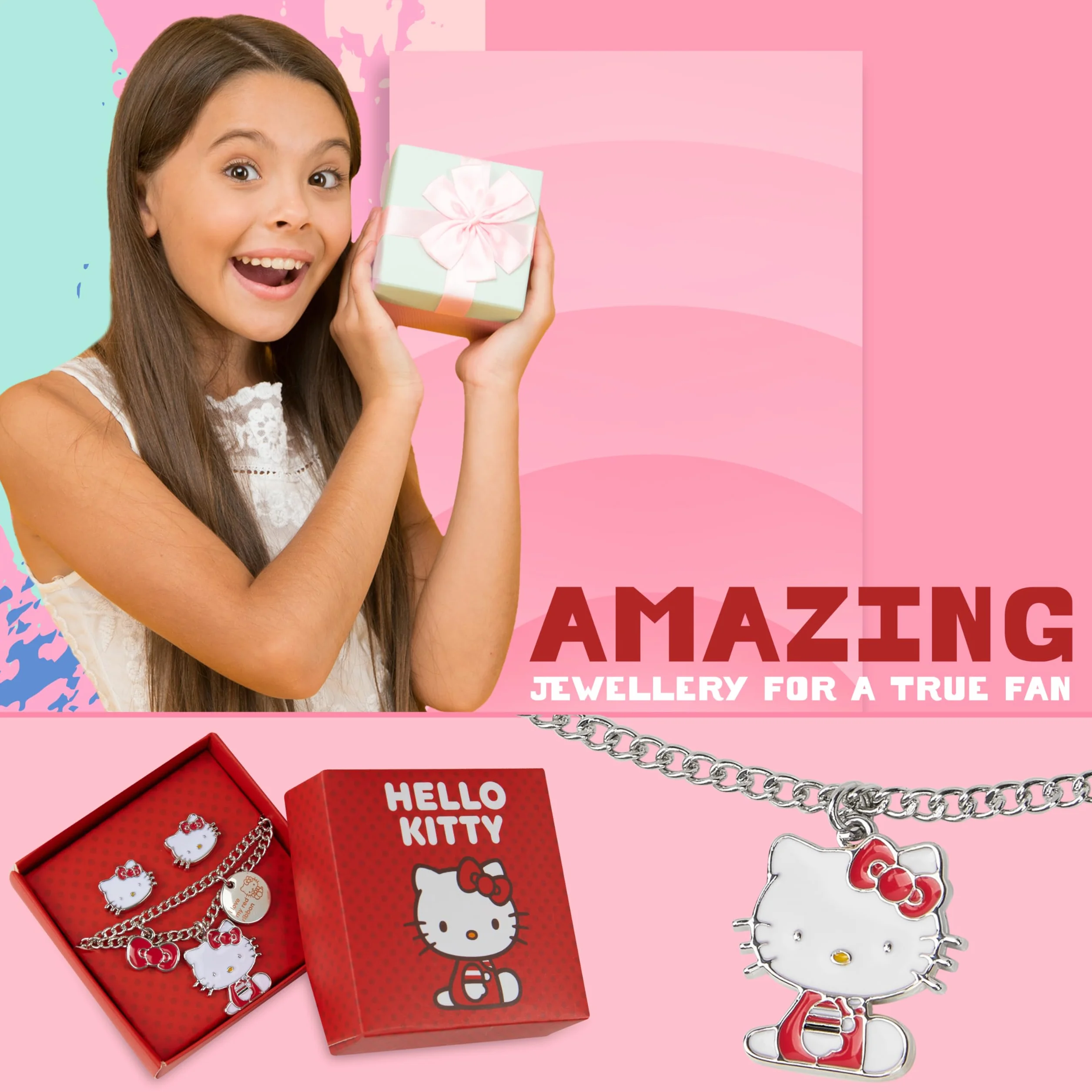 Hello Kitty Zestaw biżuterii dla dziewcząt i nastolatek, naszyjnik w kolorze srebrnym, bransoletka i kolczyki - Kawaii Gifts for Girls