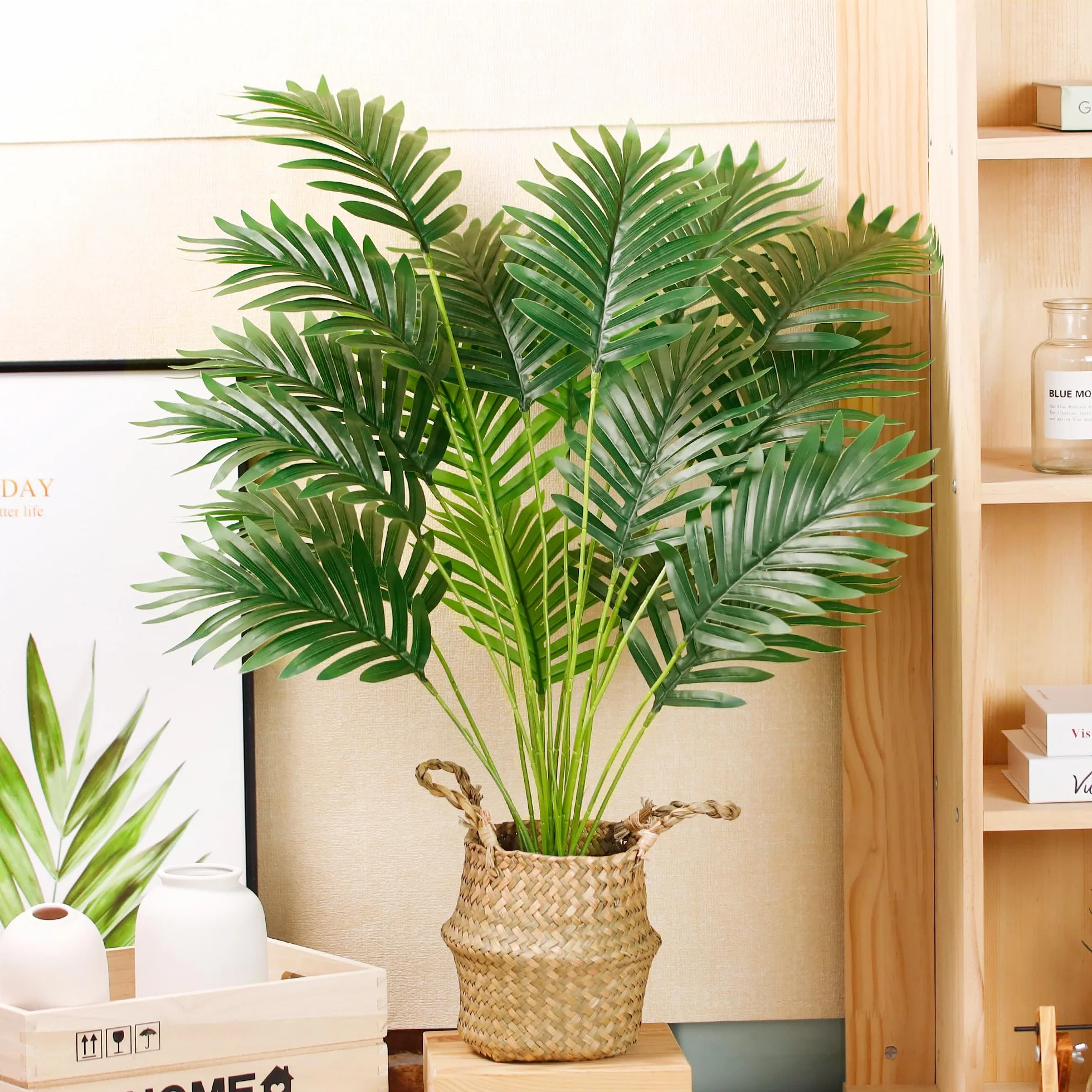 Der Rose Sztuczna palma, 71 cm wysokości, sztuczna roślina, doniczkowa, sztuczna Areca, drzewo z ręcznie tkanymi koszami z uchwytami, do wnętrz, na zewnątrz, do domu, biura, sypialni, werandy, balkonu