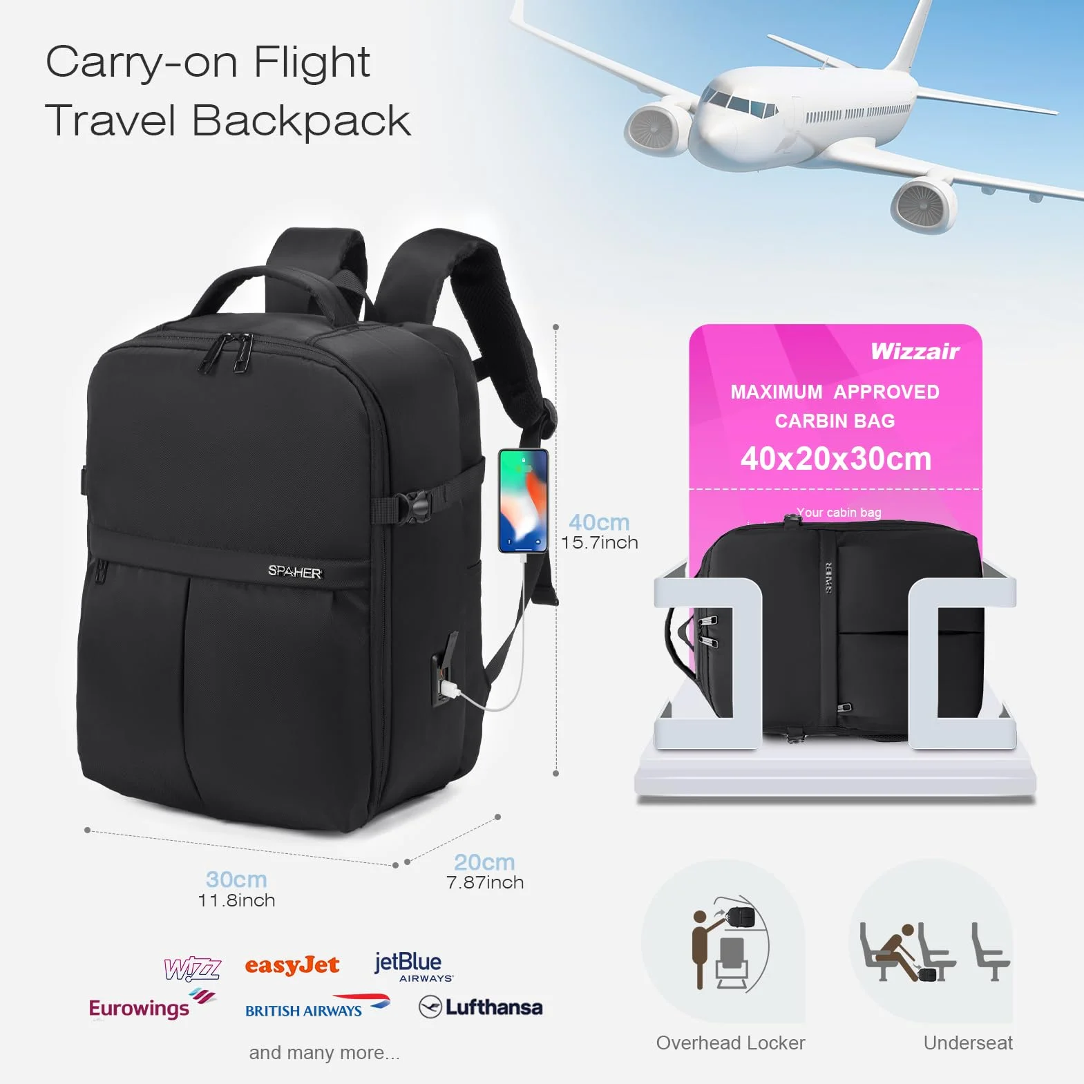 SPAHER Plecak Podróżny Bagaż Podręczny 40x30x20cm Wizzair Vueling Plecak na Laptopa 15,6 Cala Pracy Biznesowej Męski Plecak Szkolny dla Nastolatków Notebook College Women Czarny