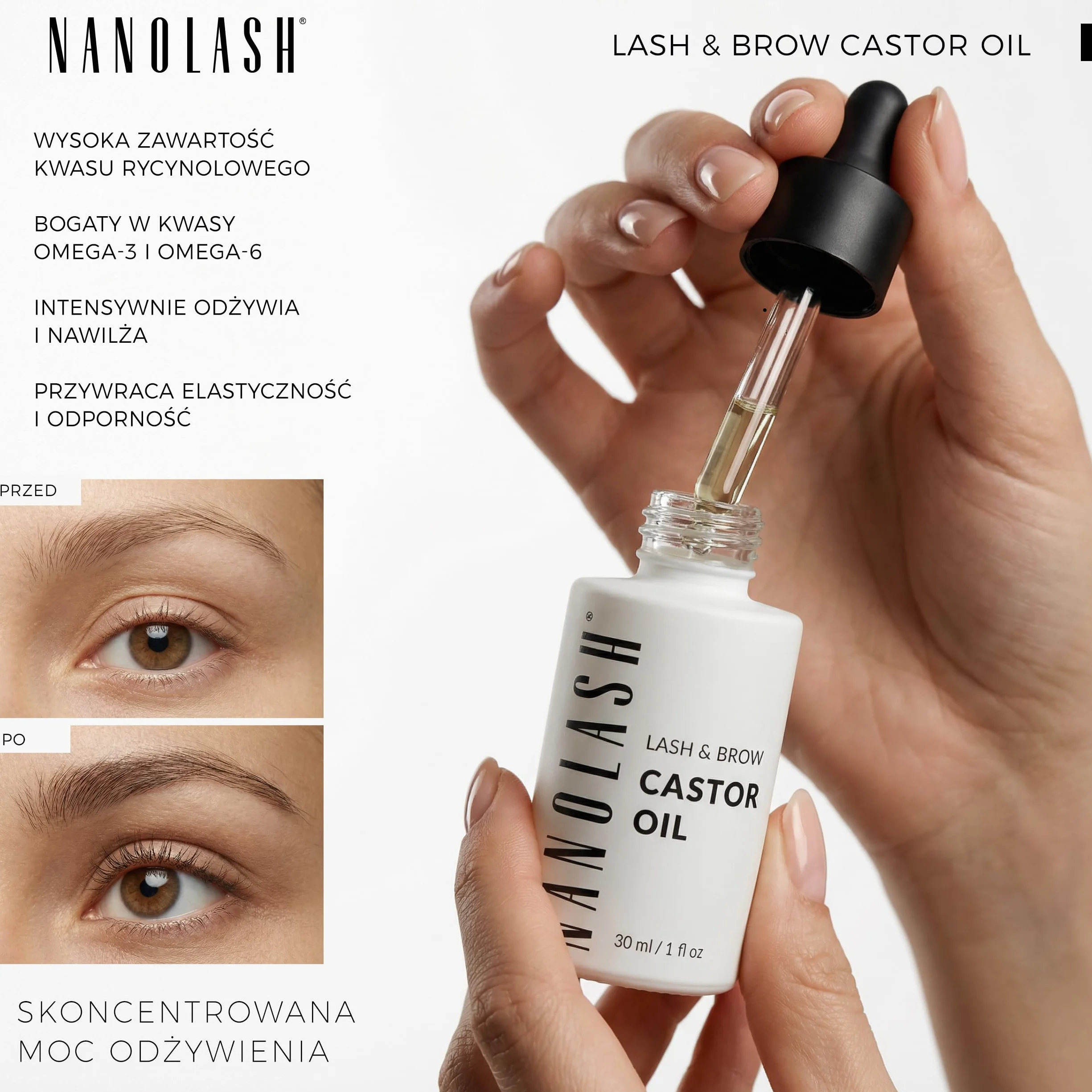 Olejek rycynowy Nanolash 30 ml - 100% naturalny, zimnotłoczony i nierafinowany olejek do rzęs i brwi, przyśpiesza wzrost rzęs, olej rycynowy z aplikatorem