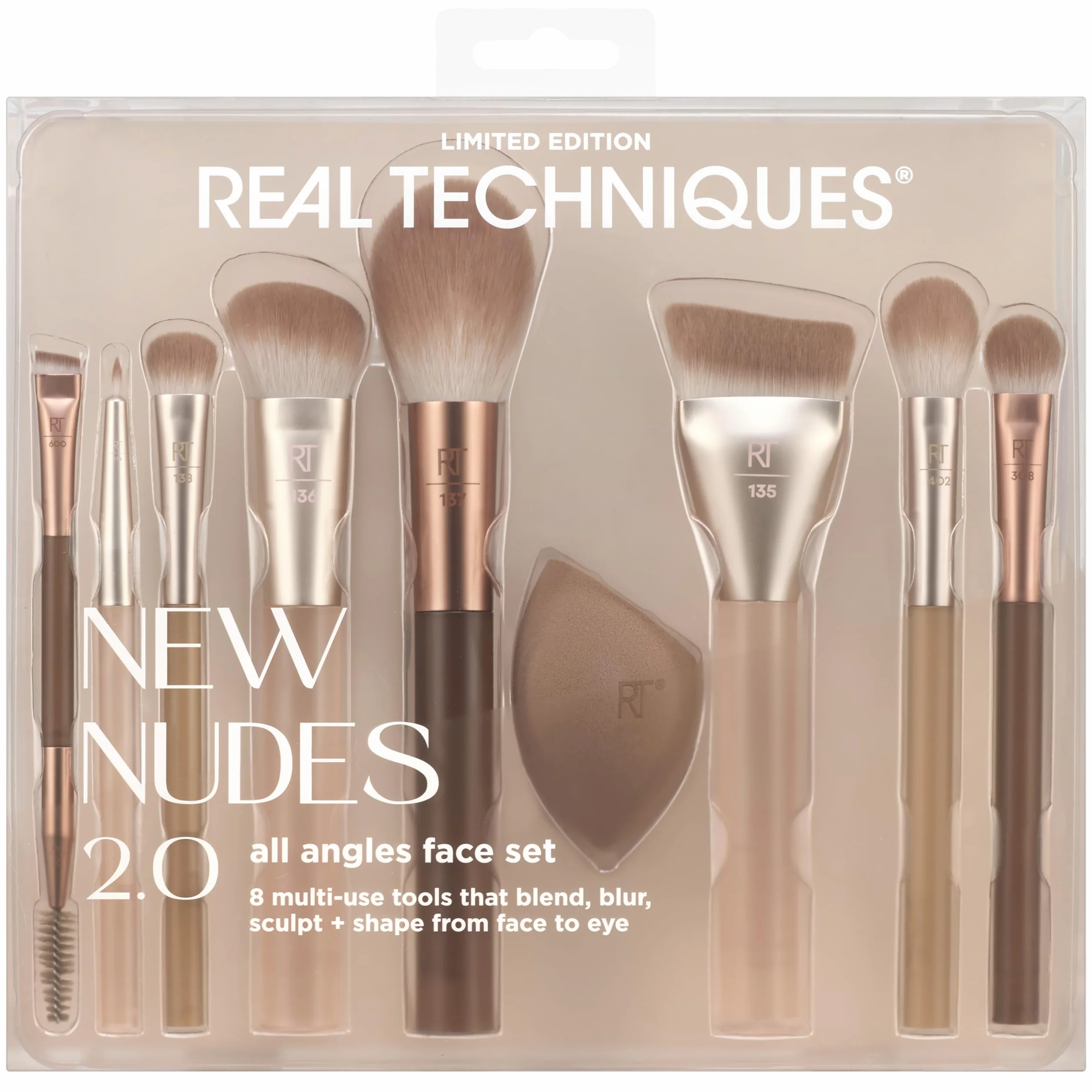 Real Techniques New Nudes 2.0 All Angles Face 10 Piece Set, Face & Eye Makeup Brushes, Includes Makeup Sponge, For Foundation, Concealer, Blush & Eyeshadow, Cruelty-Free