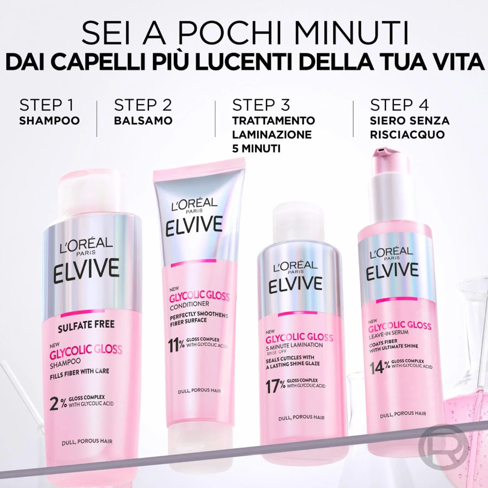 L'Oréal Paris Elseve Elvive Glicolic Gloss odżywka 150 ml szampon 200 ml serum bez płukania 150 ml zabieg laminowania 200 ml zestaw 4 butelki