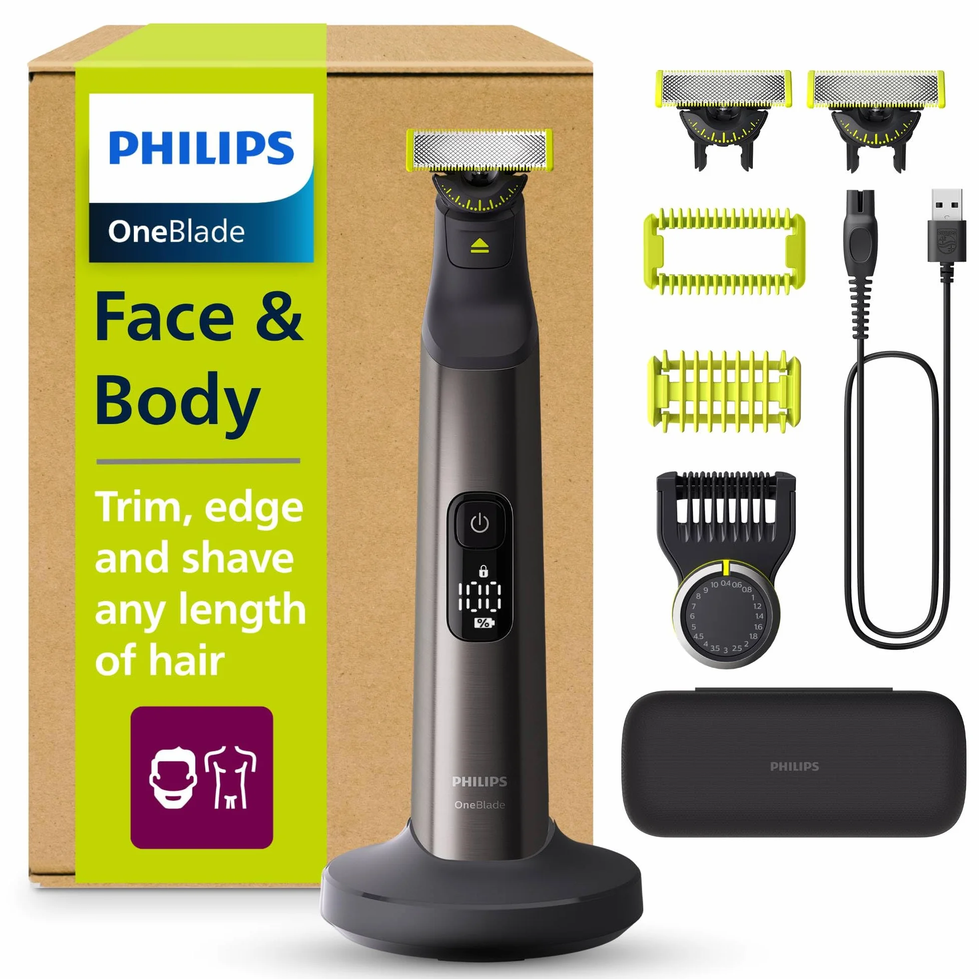 Philips OneBlade Pro 360 Autentyczny Elektryczny trymer do twarzy i ciała, golarka i groomer, 3x ostrze 360, grzebień o długości 20, zestaw do ciała, podstawka ładująca, etui podróżne, QP6652/35