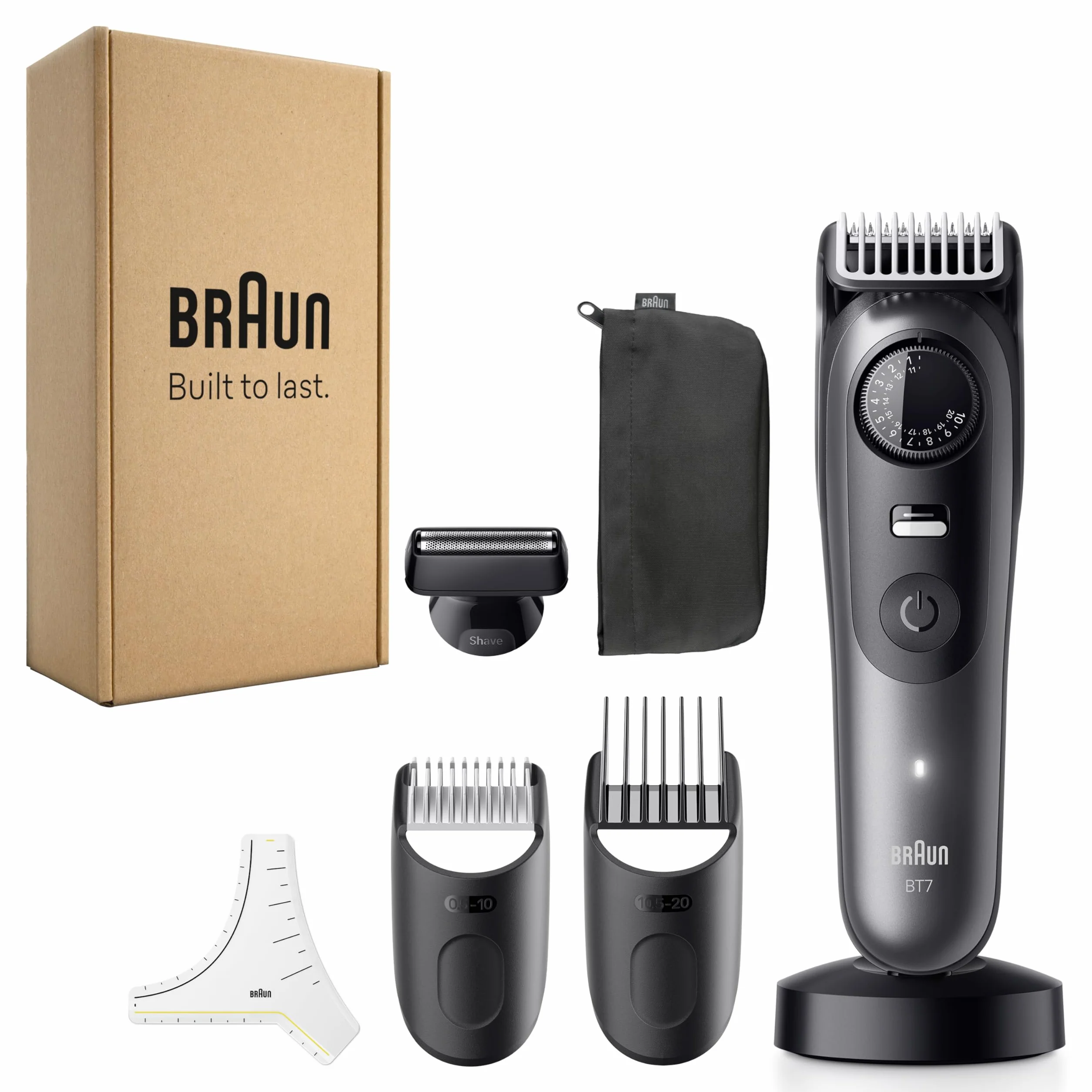 Braun Trymer do brody Series 7, elektryczny trymer do brody dla mężczyzn, z 7 akcesoriami, ostre ostrze do życia, czas pracy baterii 120 min, bezprzewodowa golarka do brody, 40 długości, wodoszczelna