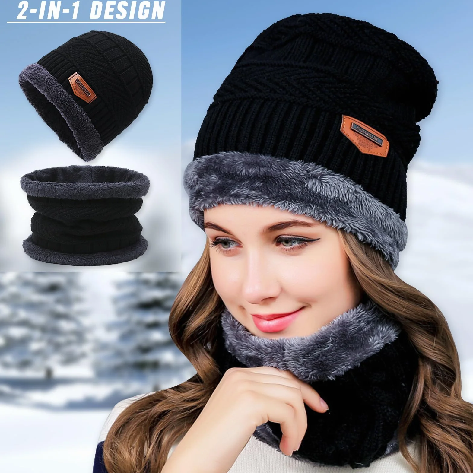 Zimowa czapka typu pętla, zestaw dla mężczyzn i kobiet, ciepła czapka beanie, komin z podszewką polarową