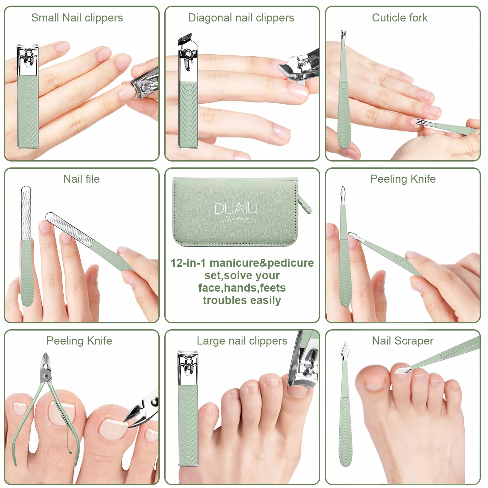 DUAIU Zestaw do manicure, 12 szt. obcinaczy do paznokci, profesjonalny zestaw do pielęgnacji paznokci ze stali nierdzewnej, zestaw do pedicure, zestaw do manicure z torbą ze skóry PU, prezent dla