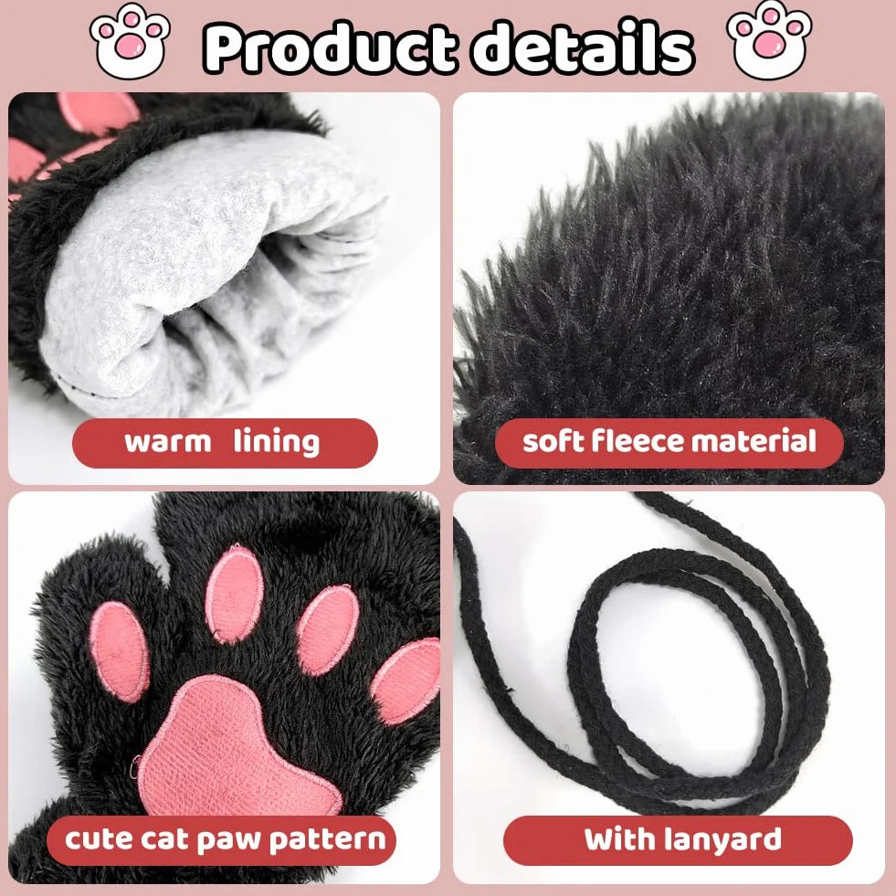 EQLEF Rękawice Łapa Kotka, Pluszowe Rękawiczki Bez Palców Z Klapką, Słodkie Rękawiczki Półpalczaste, Ciepłe Rękawiczki Zimowe, Rękawice Cosplay Kotka Dla Kobiet, Damskie I Nastolatków, Czarny, 18 x 13