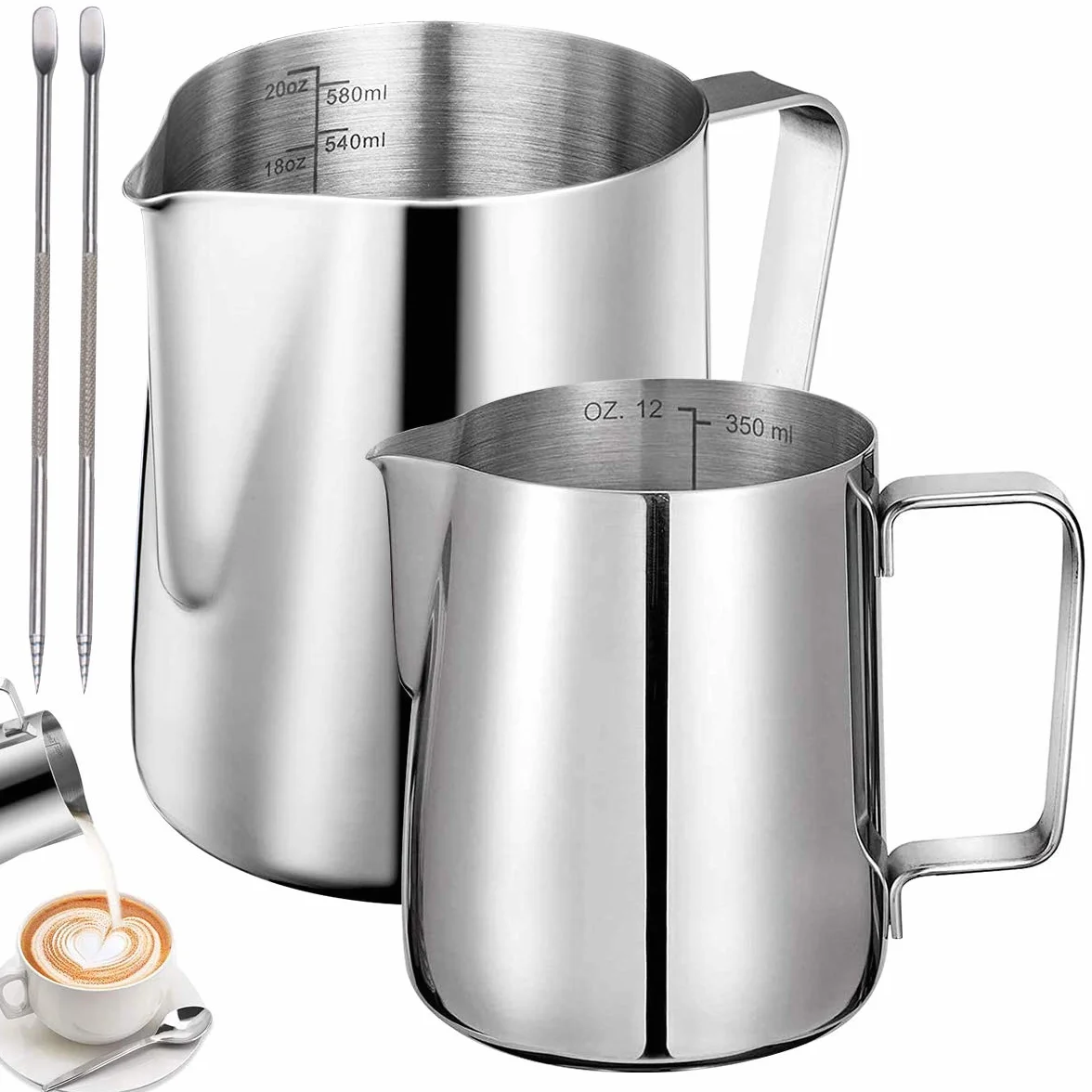 Dzbanek na mleko ze stali nierdzewnej, do spieniania mleka (350+600 ml) z 2 wymiarami i piórem artystycznym do latte, dla baristy
