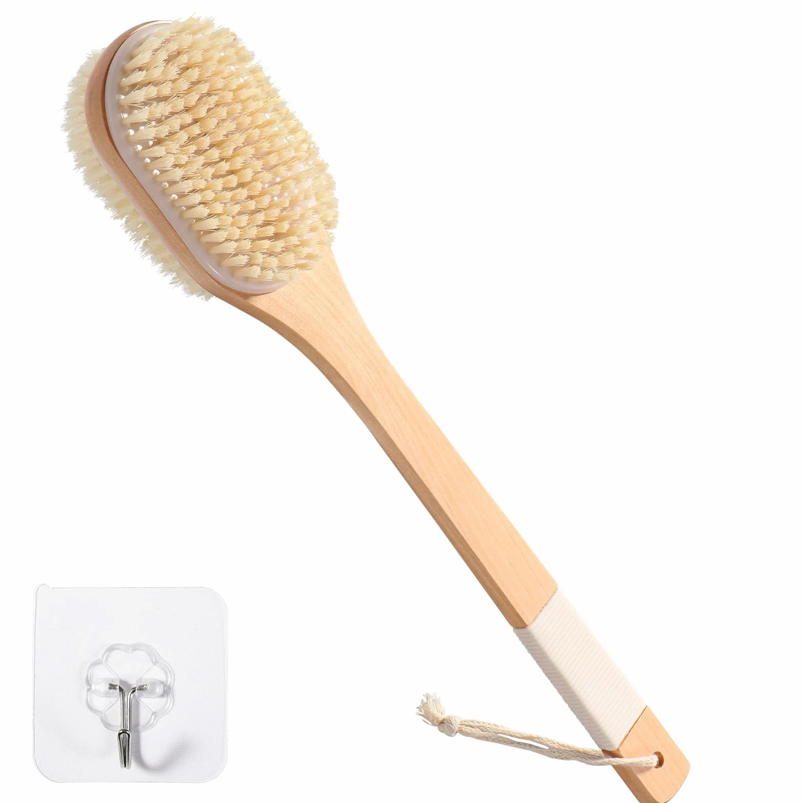 Blendura Szczotka do pleców, prysznic z długim trzonkiem, szczotka do czyszczenia pleców, szczotka do masażu na mokro i na sucho, 43 cm długi uchwyt drewniany, Kolor drewna, badebürste mit langem