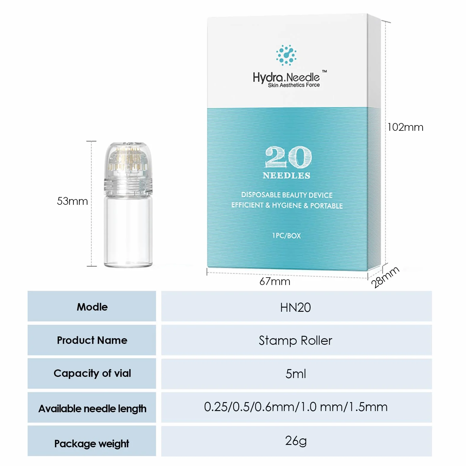 Derma Stamp Hydra Needle 20, Microneedling Titanium 20 Pin Długość 1,0 mm, butelka wielokrotnego użytku serum do pielęgnacji skóry i stymulacji wzrostu włosów brody