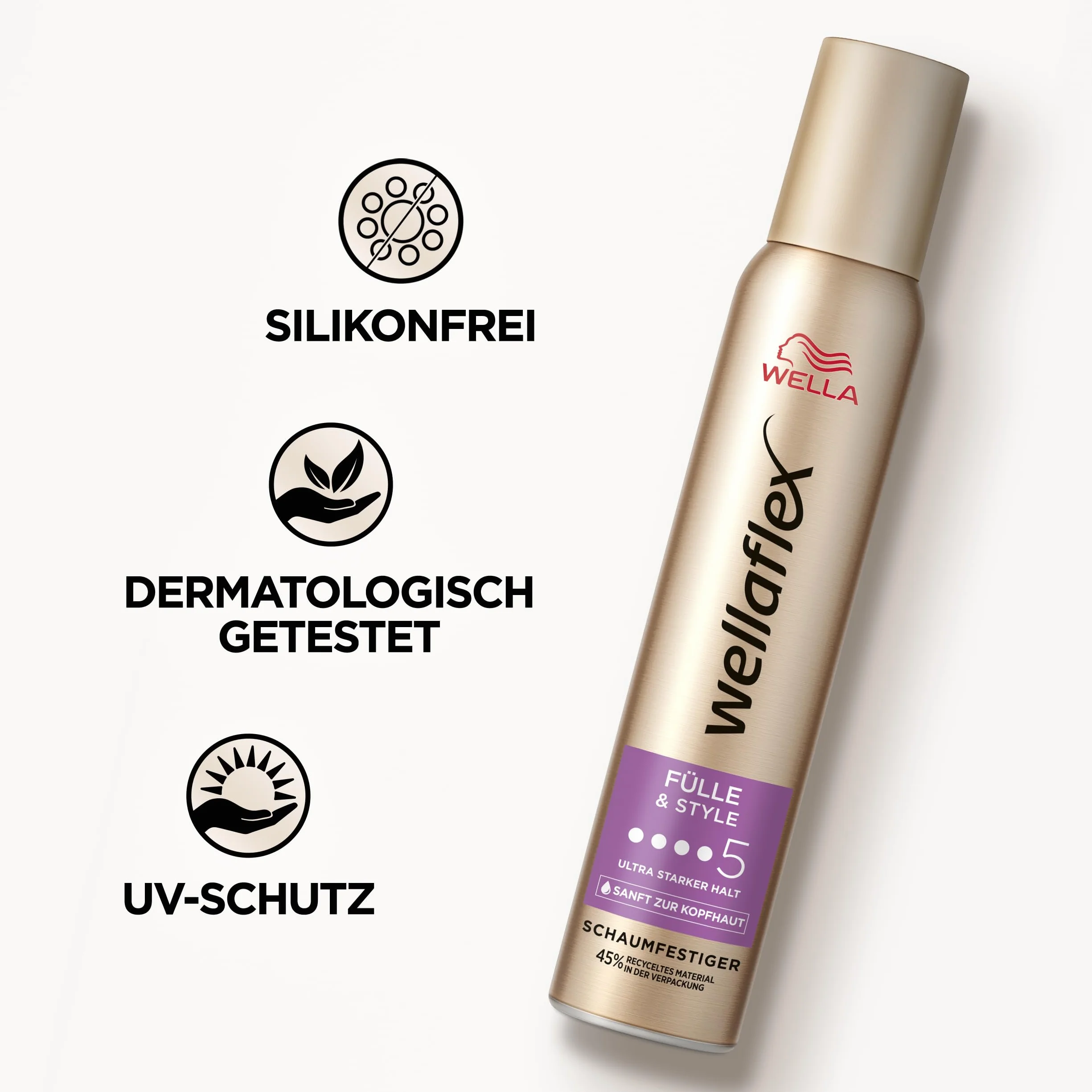 Wellaflex Fül& Style pianka wzmacniająca dla kobiet | do 24 godz. Ultra mocne trzymanie | do pełnych, obszernych włosów | delikatny dla skóry głowy, testowany dermatologicznie | nie zawiera silikonu |