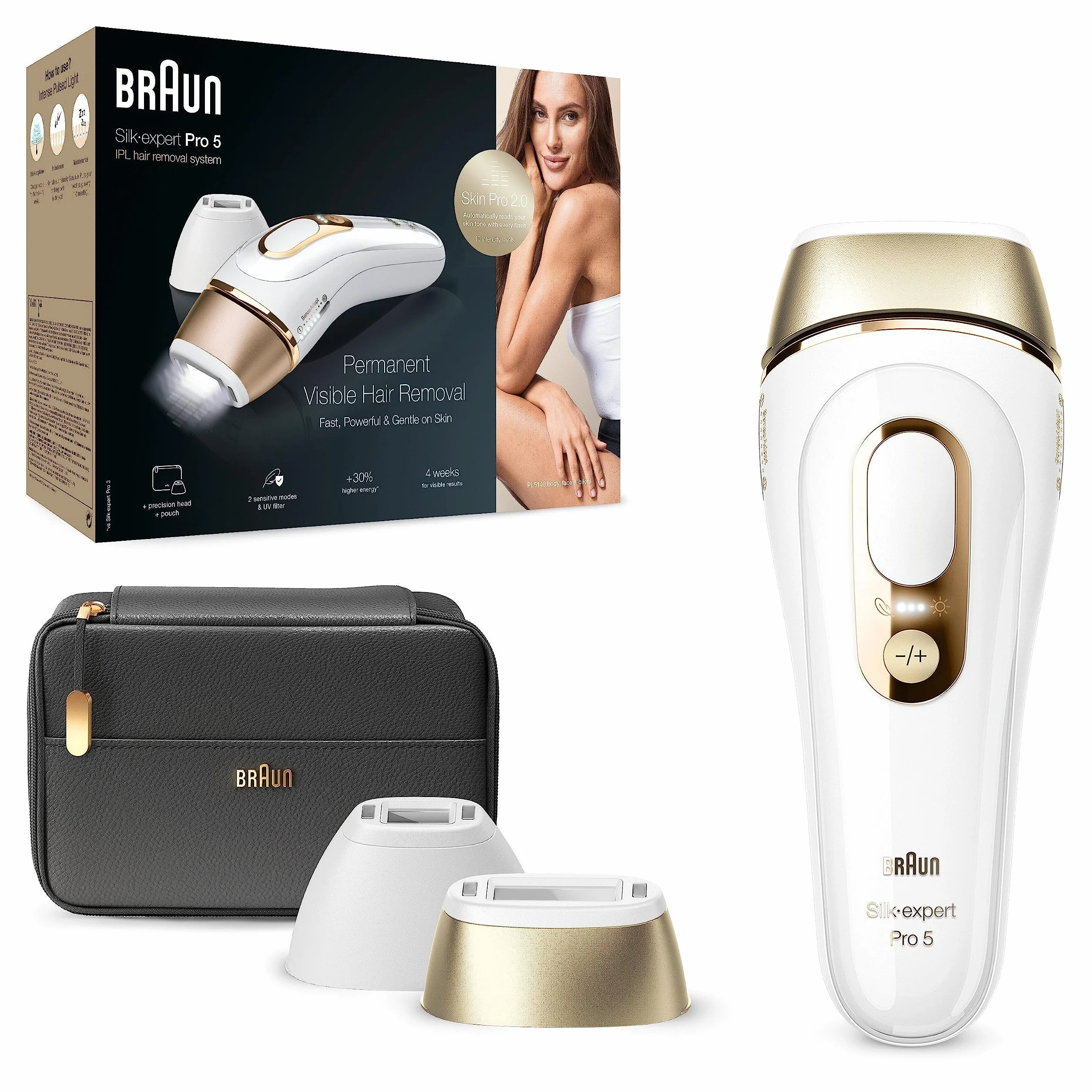 Braun IPL Silk Expert Pro 5 urządzenie do usuwania włosów dla kobiet/mężczyzn, trwale widoczne usuwanie włosów, z kieszenią, alternatywa do laserowego usuwania włosów, prezent dla kobiet, PL5140, białe/złote