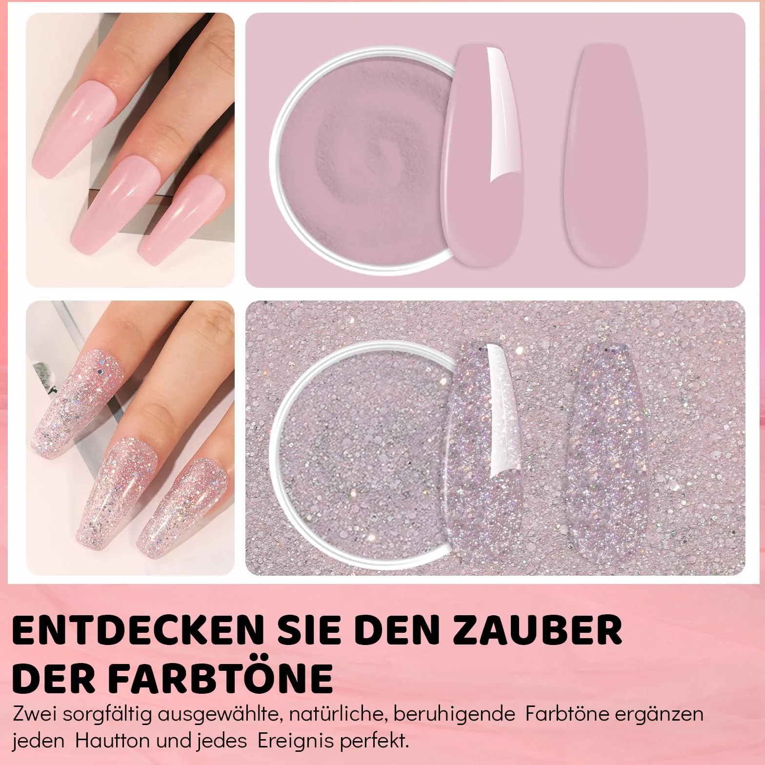 Aokitec Dipping Powder Nail Set – Różowy Błyszczący Proszek do Dipów z Bazą, Zestaw do Paznokci DIY