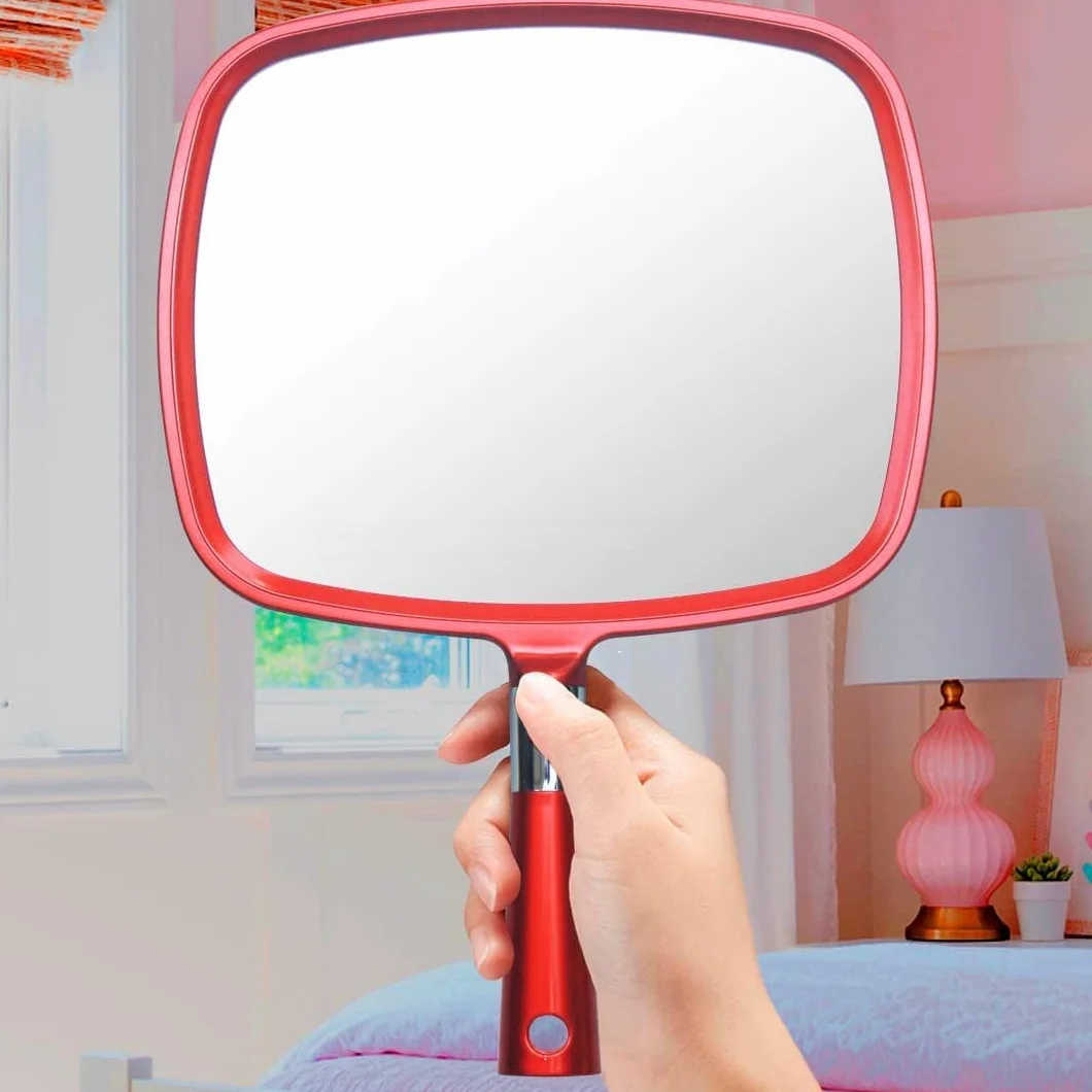 MIRRORVANA Lusterko ręczne z uchwytem, lustro dla fryzjerów i do strzyżenia włosów, do salonu fryzjerskiego, duże (czerwone)