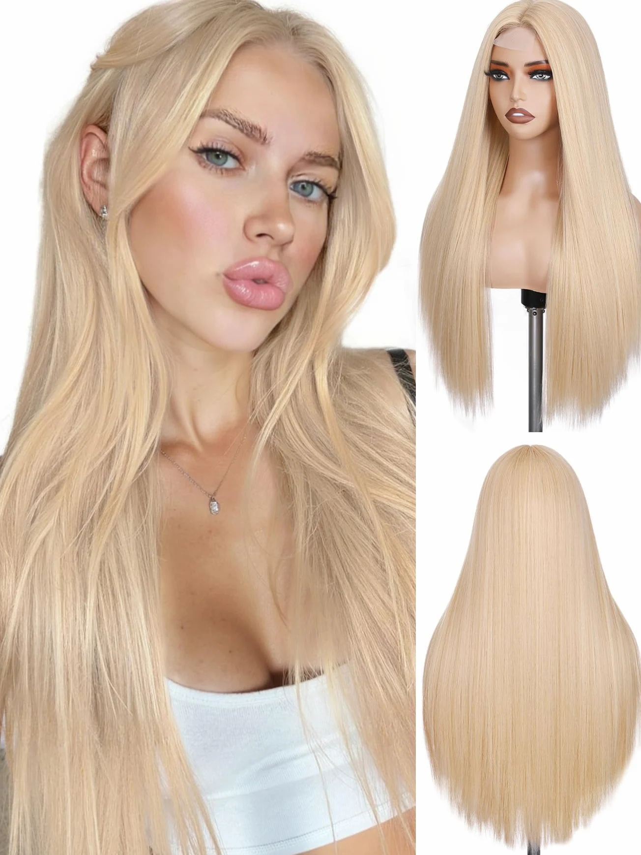 FAVE Peruka blond, 65 cm, damska, długa, odporna na wysokie temperatury, syntetyczna peruka z iluzoryczną koronką, przedziałek na środku, do noszenia na co dzień, do cosplay