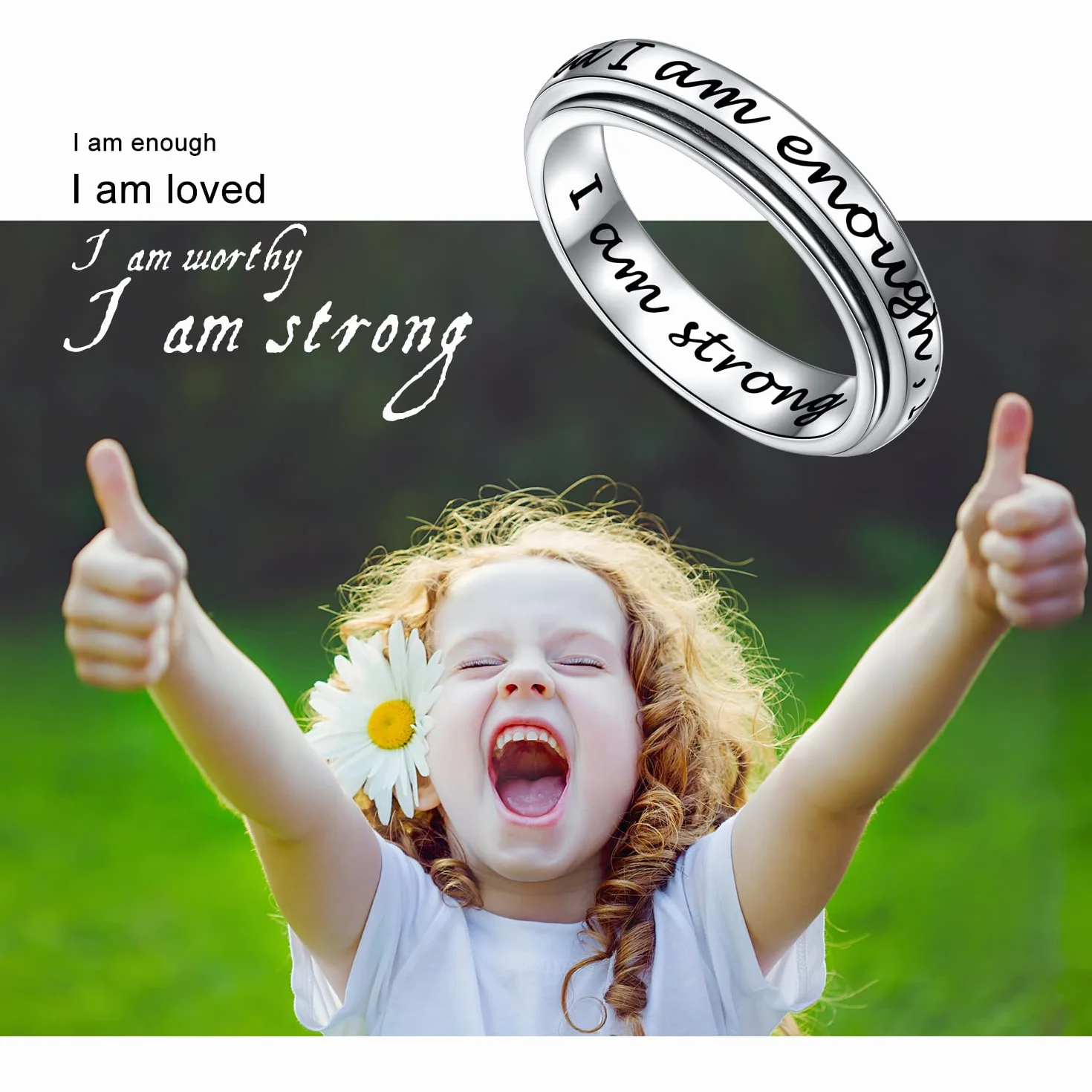 I am Enough Spinner Ring pierścionek ze srebra wysokiej próby 925, antystresowy, antystresowy, ADHD, autyzm
