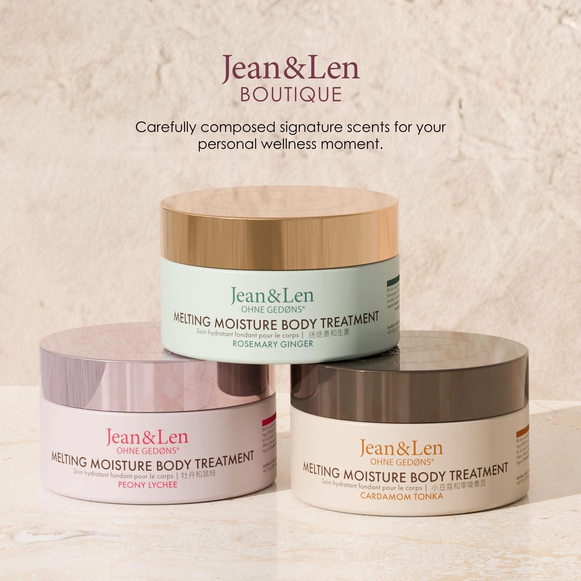 Jean & Len Melting Moisture Body Treatment Peony & Lychee, dla perfumowanych efektów pielęgnacyjnych, masło do ciała, bez parabenów i silikonów, wegańskie, 200 ml