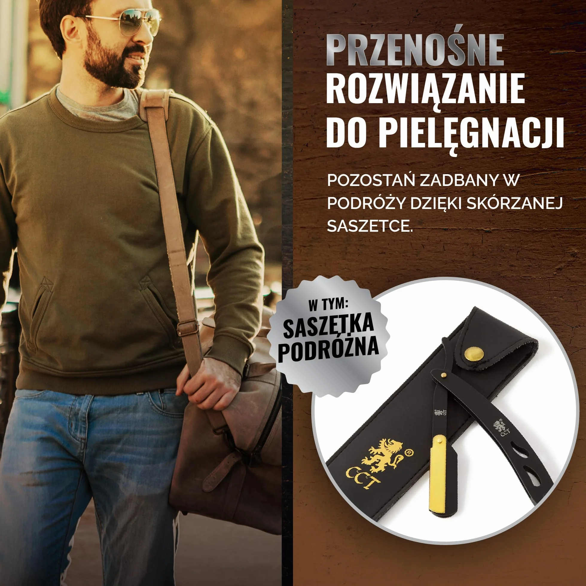 Profesjonalny zestaw brzytwy The Cambridge Cutthroat® Missanda z Drewna i Stali Nierdzewnej, brzytwa z pojedynczym ostrzem premium, do stylizacji wąsów i brody, z etui podróżnym